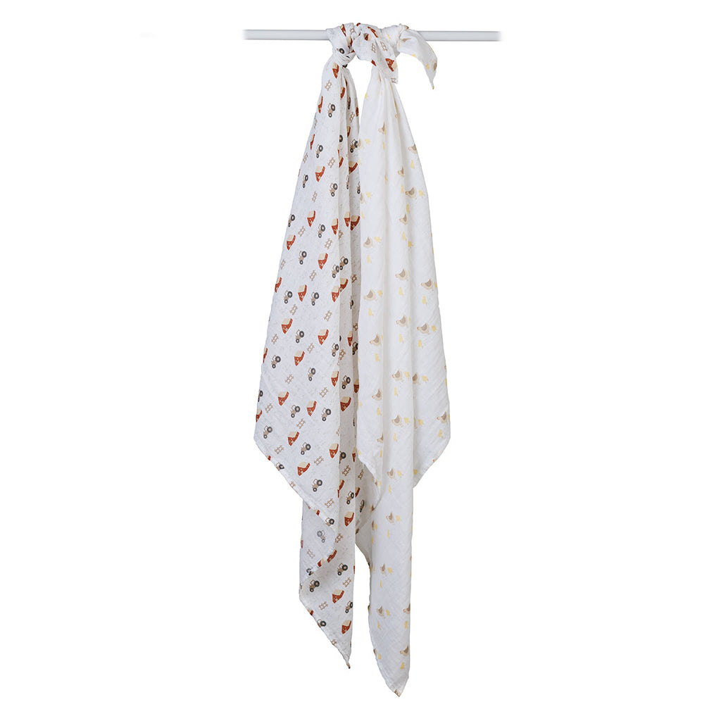 Lulujo - 2 Pack Cotton Swaddles - Barnyard / Hens & Chicks (100cm x100cm)
