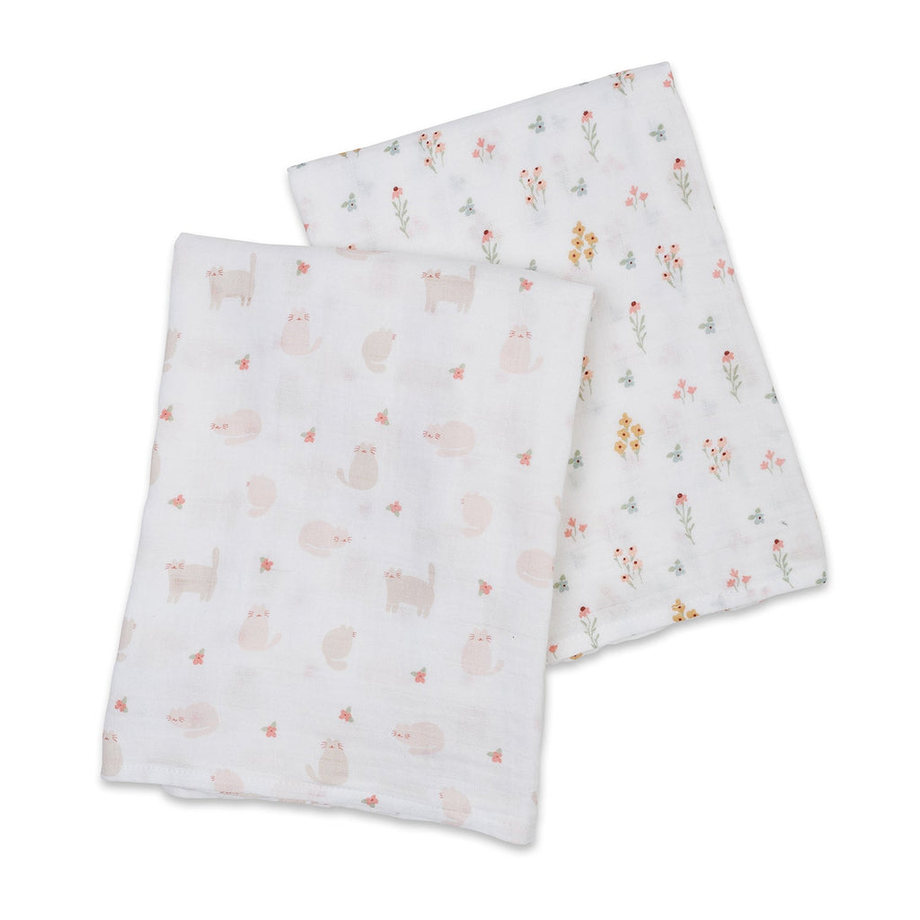 Lulujo - 2 Pack Cotton Swaddles - Kitty Cat / Flower Field (100cm x100cm)