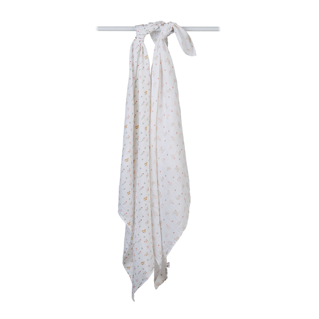 Lulujo - 2 Pack Cotton Swaddles - Kitty Cat / Flower Field (100cm x100cm)