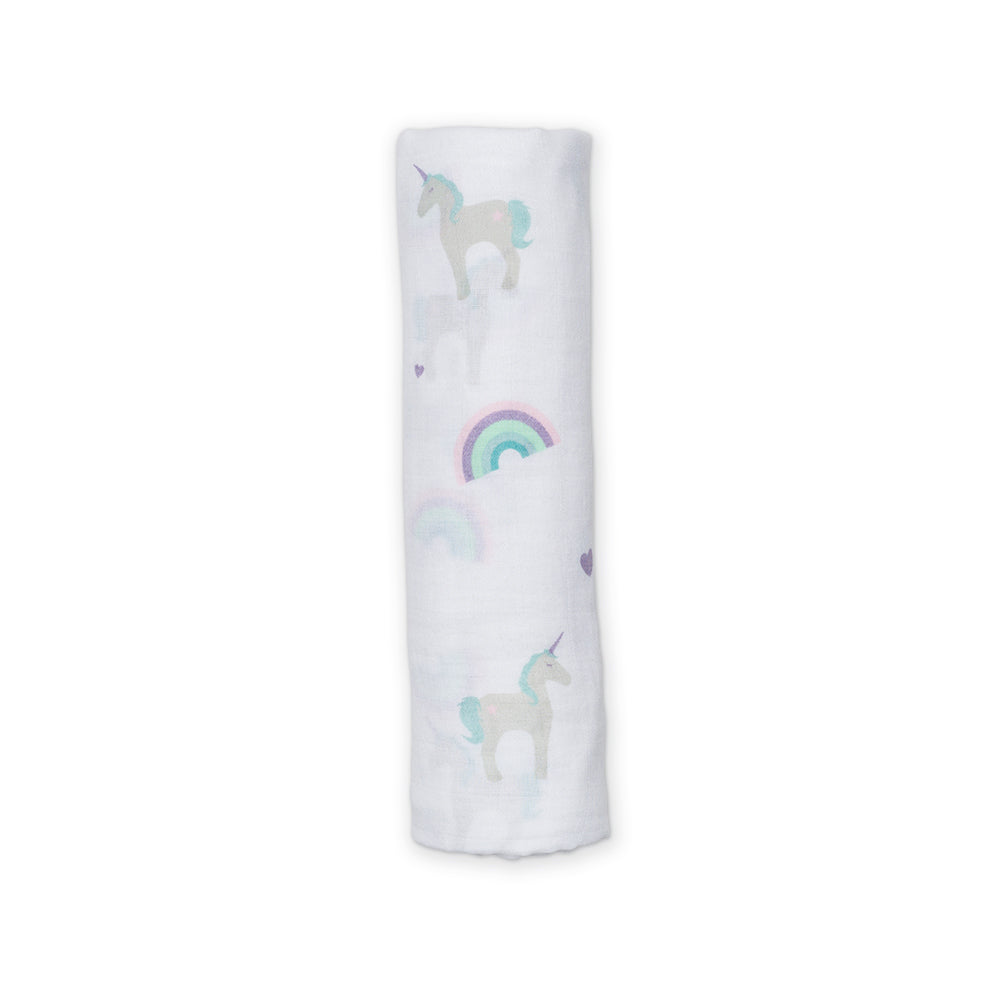Lulujo - Muslin Swaddle Large - Rainbows & Unicorns (120cm x 120cm)