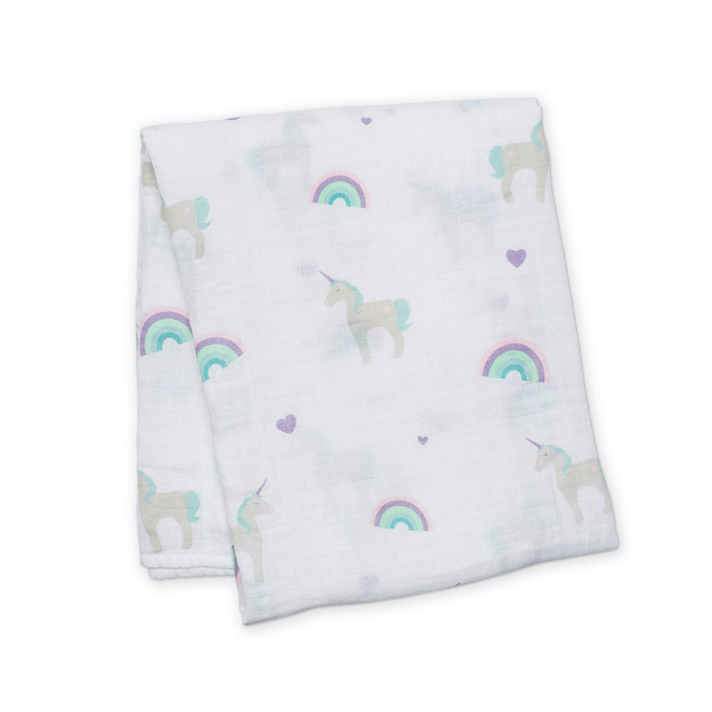 Lulujo - Muslin Swaddle Large - Rainbows & Unicorns (120cm x 120cm)