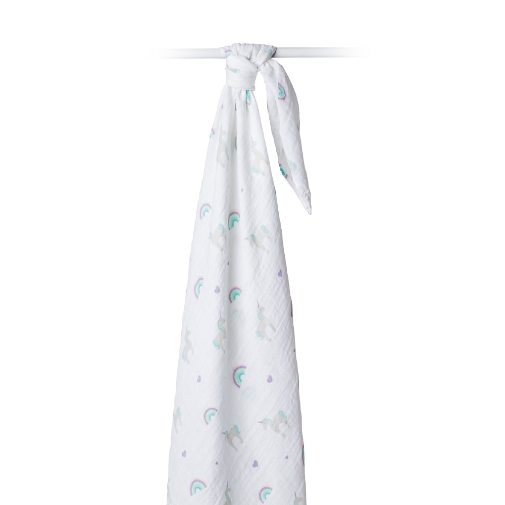 Lulujo - Muslin Swaddle Large - Rainbows & Unicorns (120cm x 120cm)