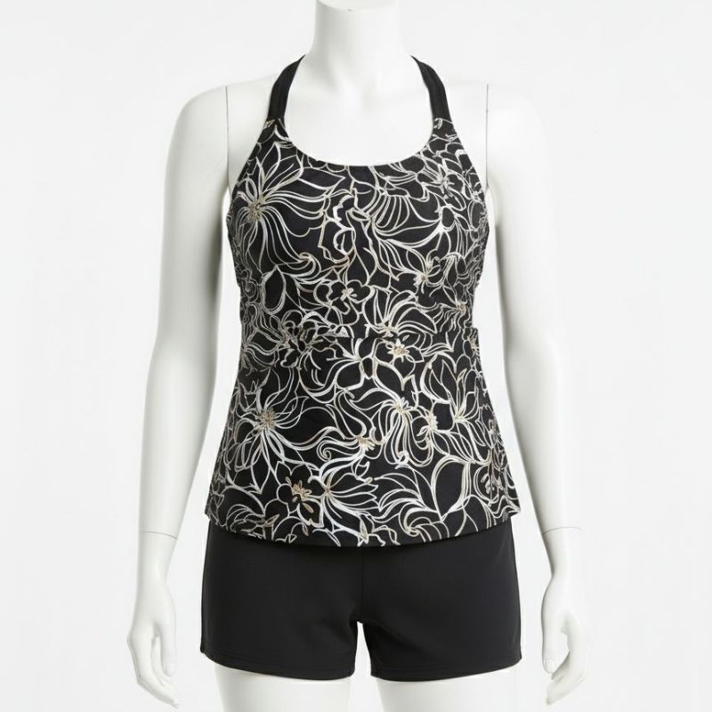 Kes-Vir Ladies Incontinence Tankini with Shorts Black Floral