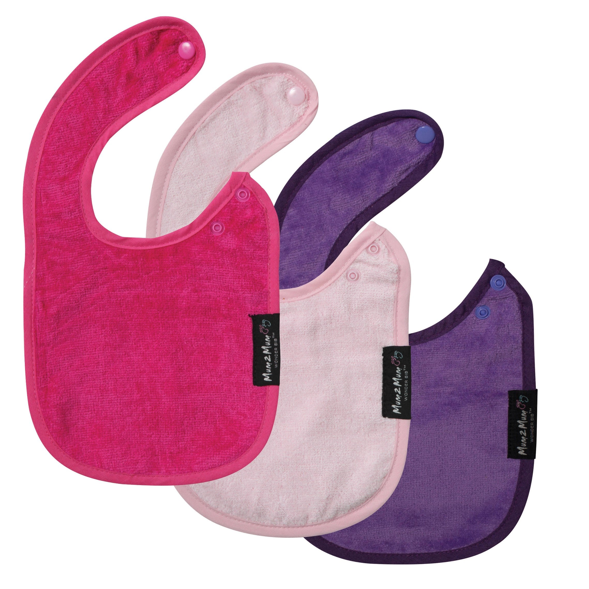 3 PACK - Mum 2 Mum Infant Wonder Bibs - Cerise / Baby Pink / Purple