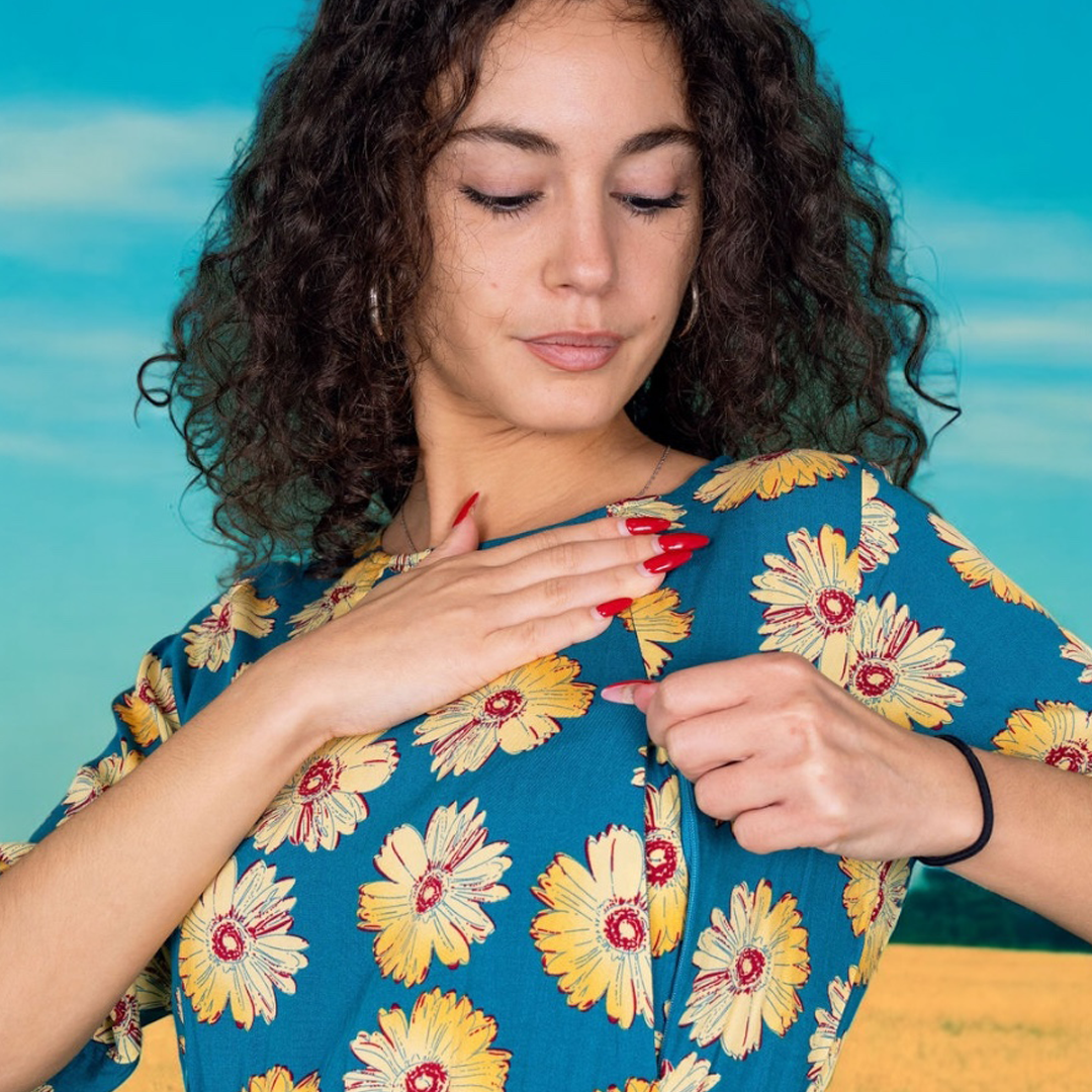 The Midi Breastfeeding Dress - Blue Sunflower