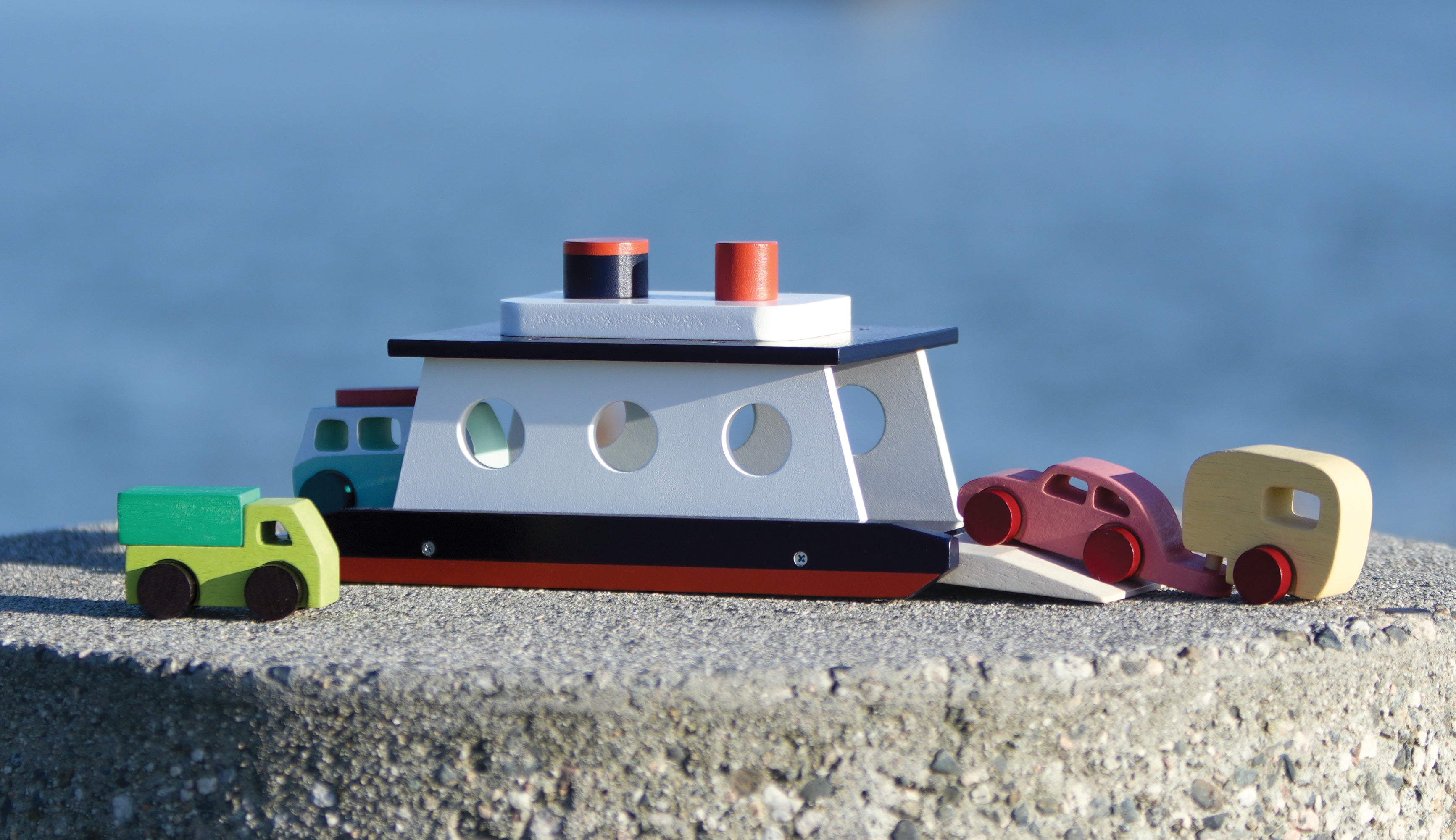 Wooden Car Ferry with Four Vehicles