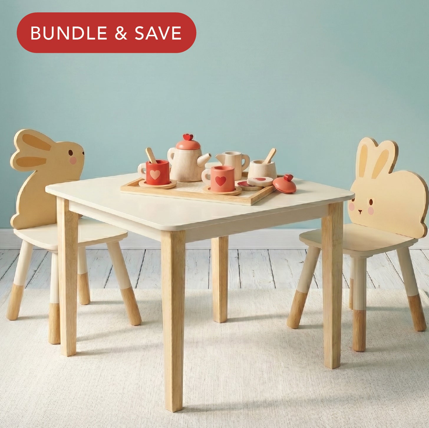 Wooden Bunny Table and Two Chairs Set