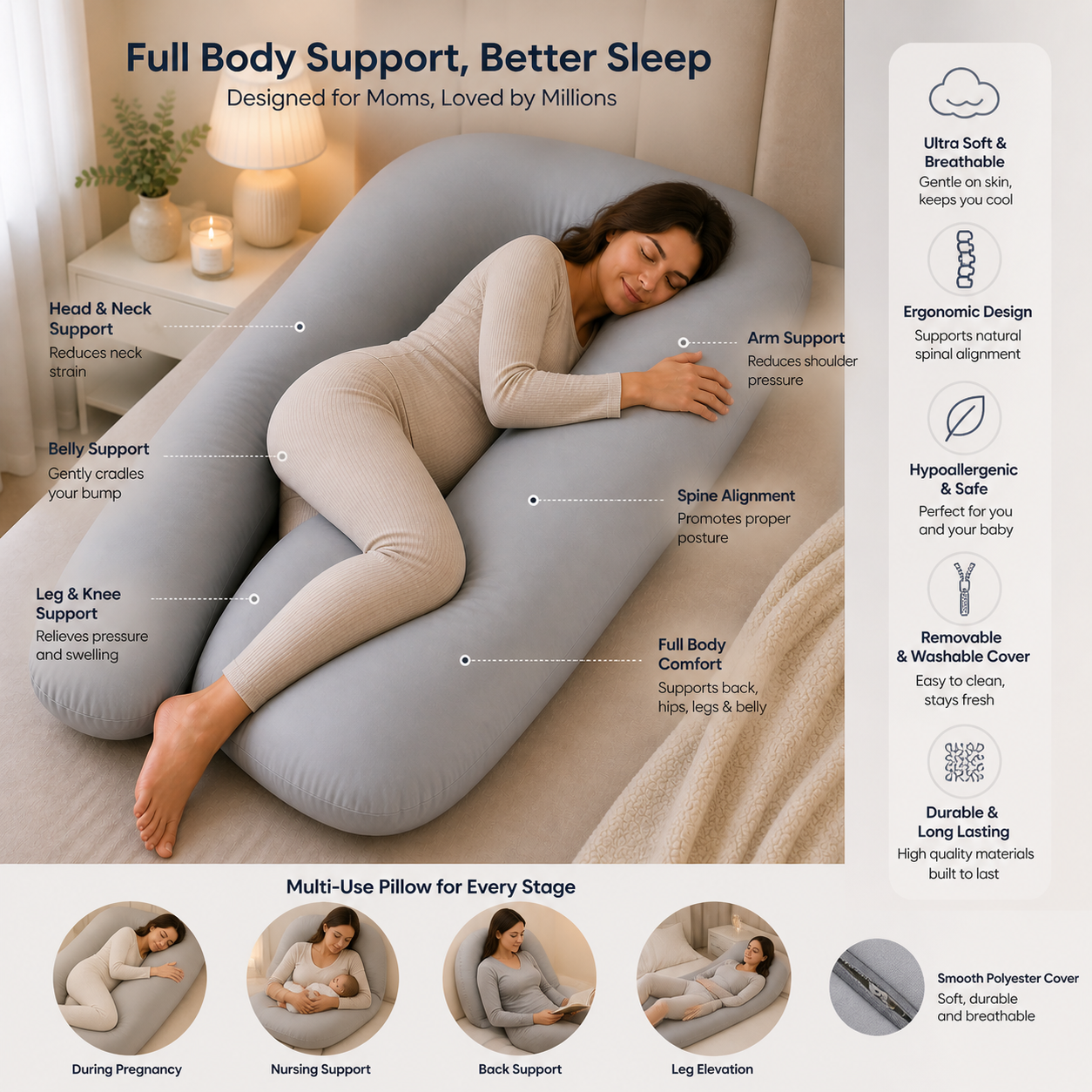 12 Ft Maternity Pillow And Case - White