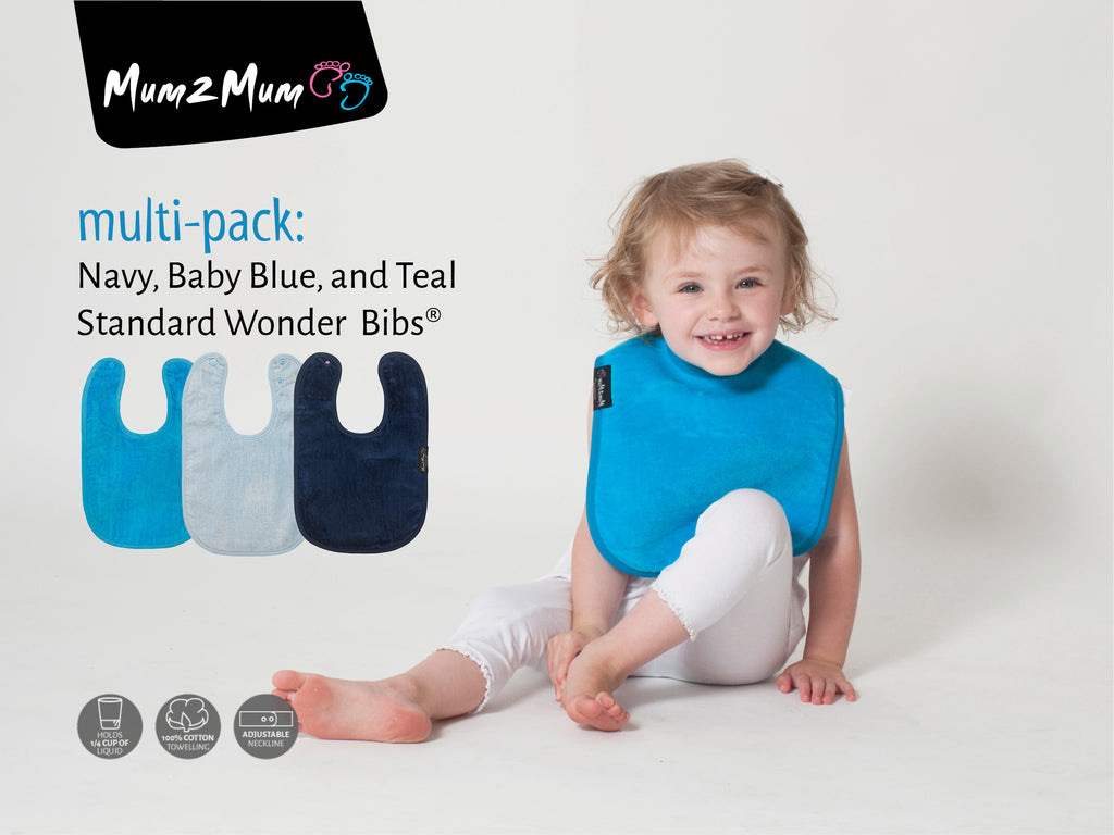 3 PACK - Mum 2 Mum Standard Bibs - Navy / Baby Blue / Teal