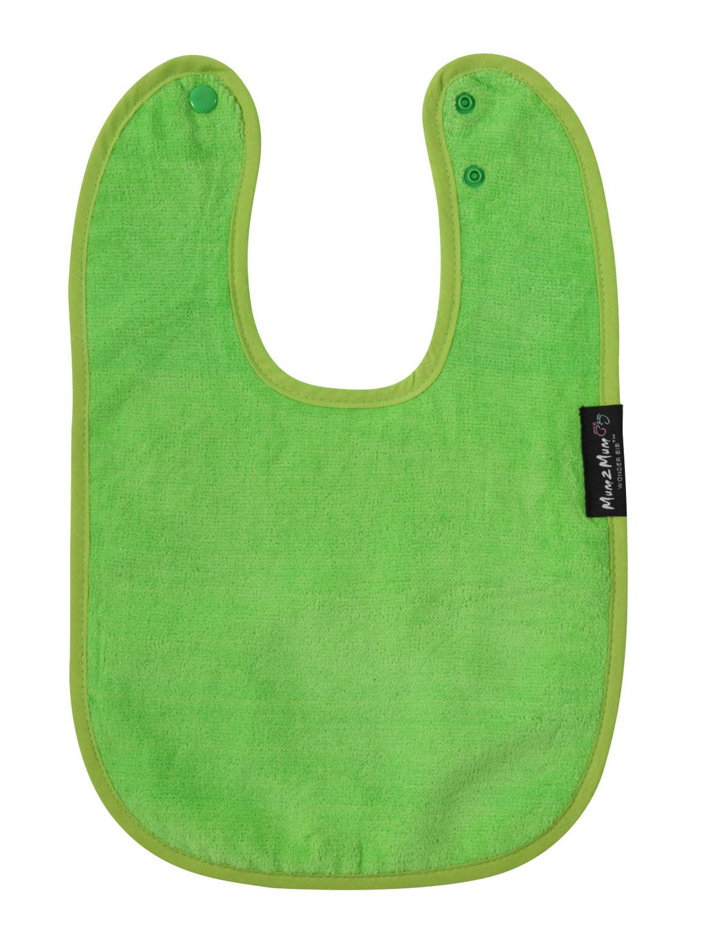 A bright lime green baby bib with a matching green trim and snap closures, featuring a small black brand tag on the right side, set against a plain white background.