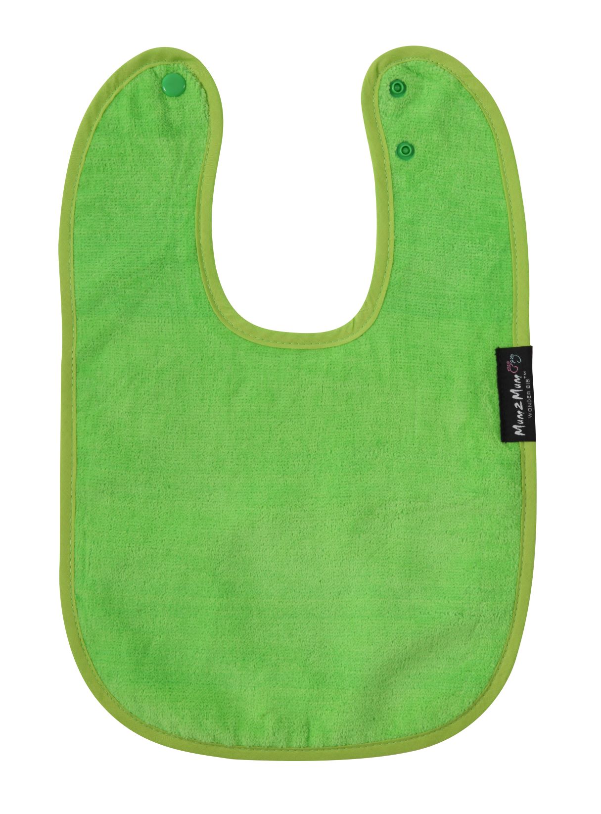 A bright lime green baby bib with a matching green trim and snap closures, featuring a small black brand tag on the right side, set against a plain white background.