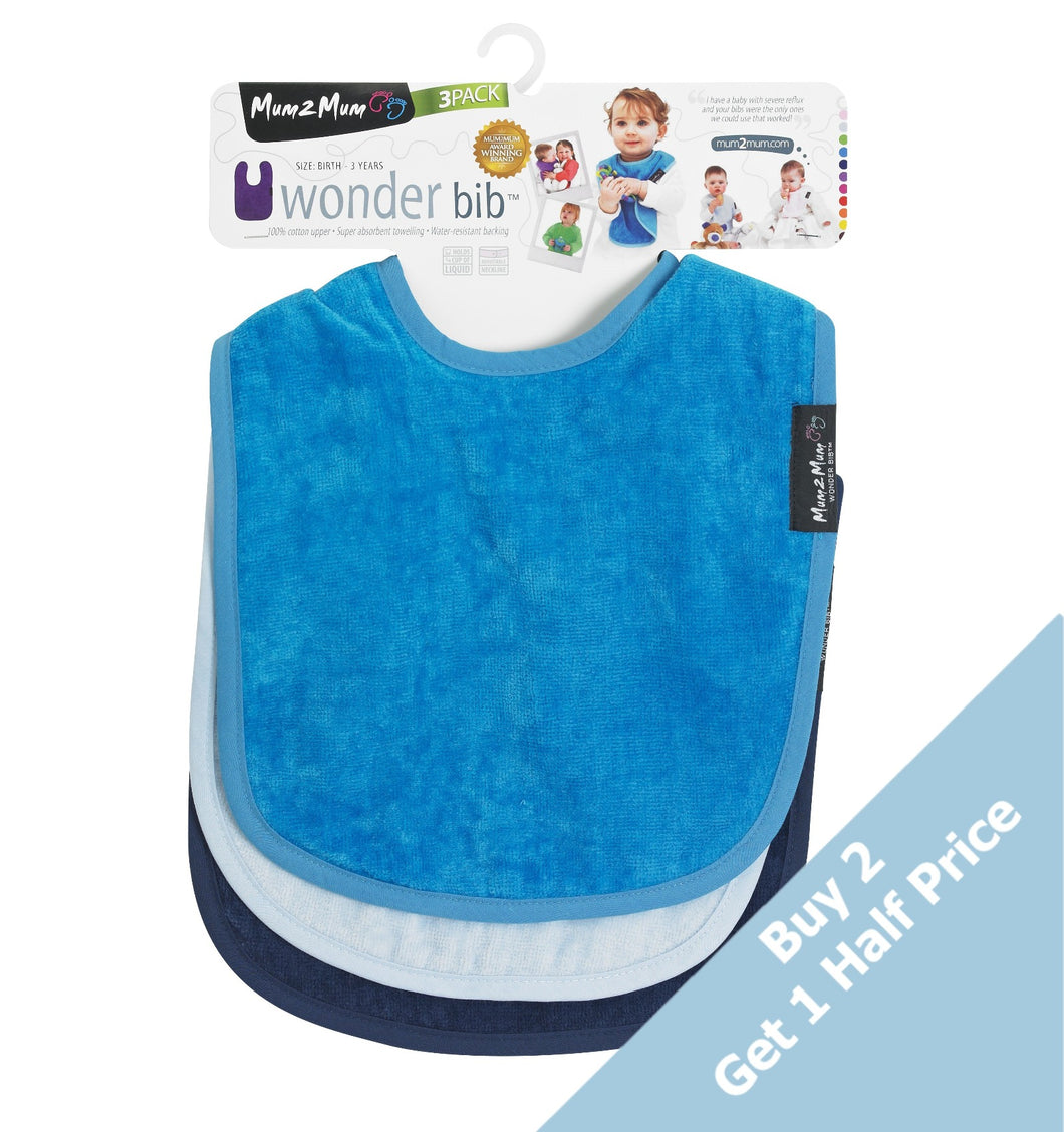 3 PACK - Mum 2 Mum Standard Bibs - Navy / Baby Blue / Teal