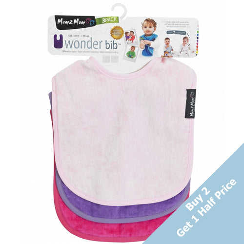 3 PACK - Mum 2 Mum Standard Bibs - Cerise / Purple / Baby Pink