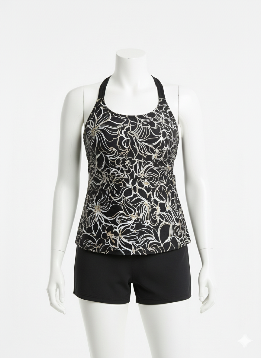 Kes-Vir Ladies Incontinence Tankini with Shorts Black Floral