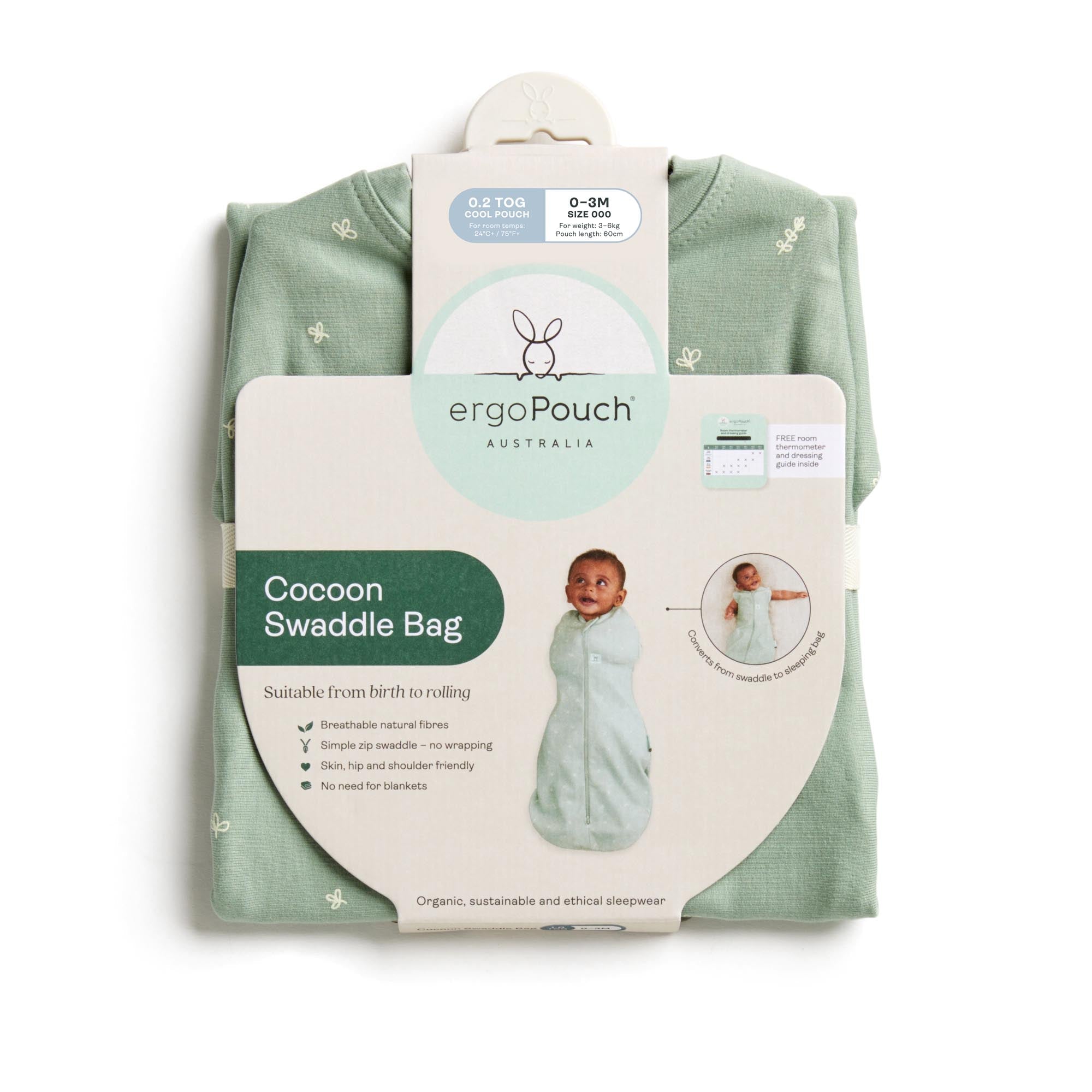 ergoPouch - Organic Summer Cocoon Swaddle Sleeping Bag - Sage - 0.2 TOG