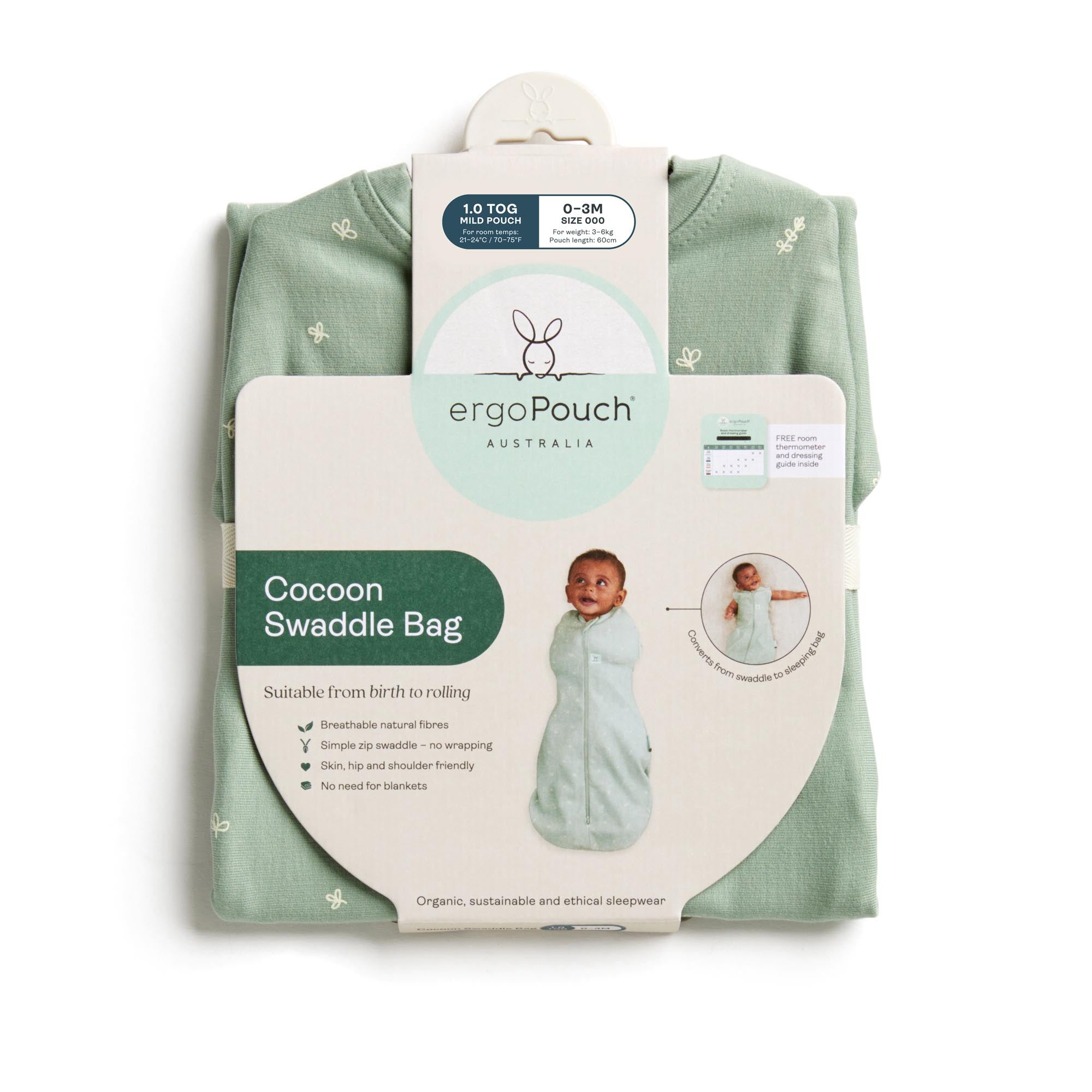 ergoPouch - Organic All Year Cocoon Swaddle Sleeping Bag - Sage - 1.0 TOG