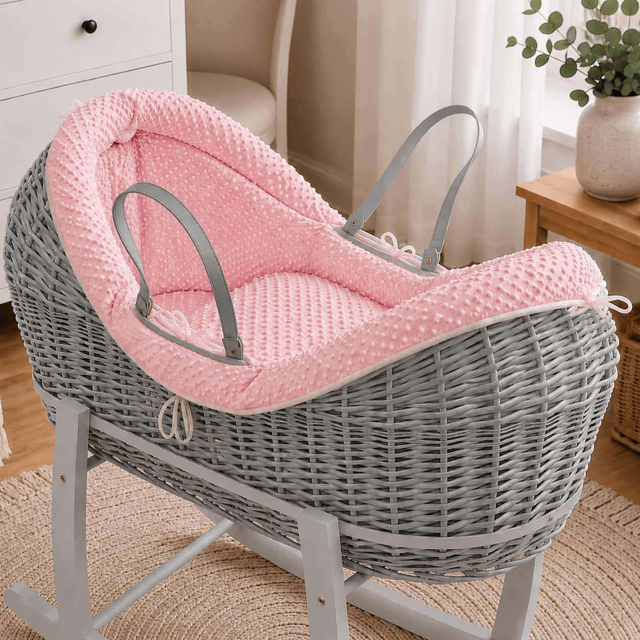 For Your Little One Wicker Deluxe Pod Baby Moses Basket With Stand & Bedding Set