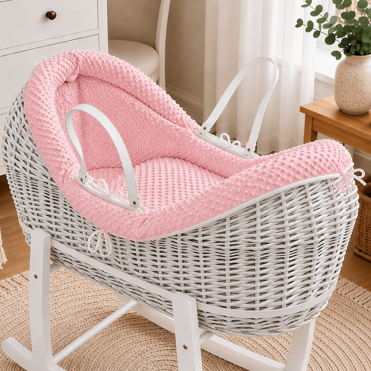 For Your Little One Wicker Deluxe Pod Baby Moses Basket With Stand & Bedding Set