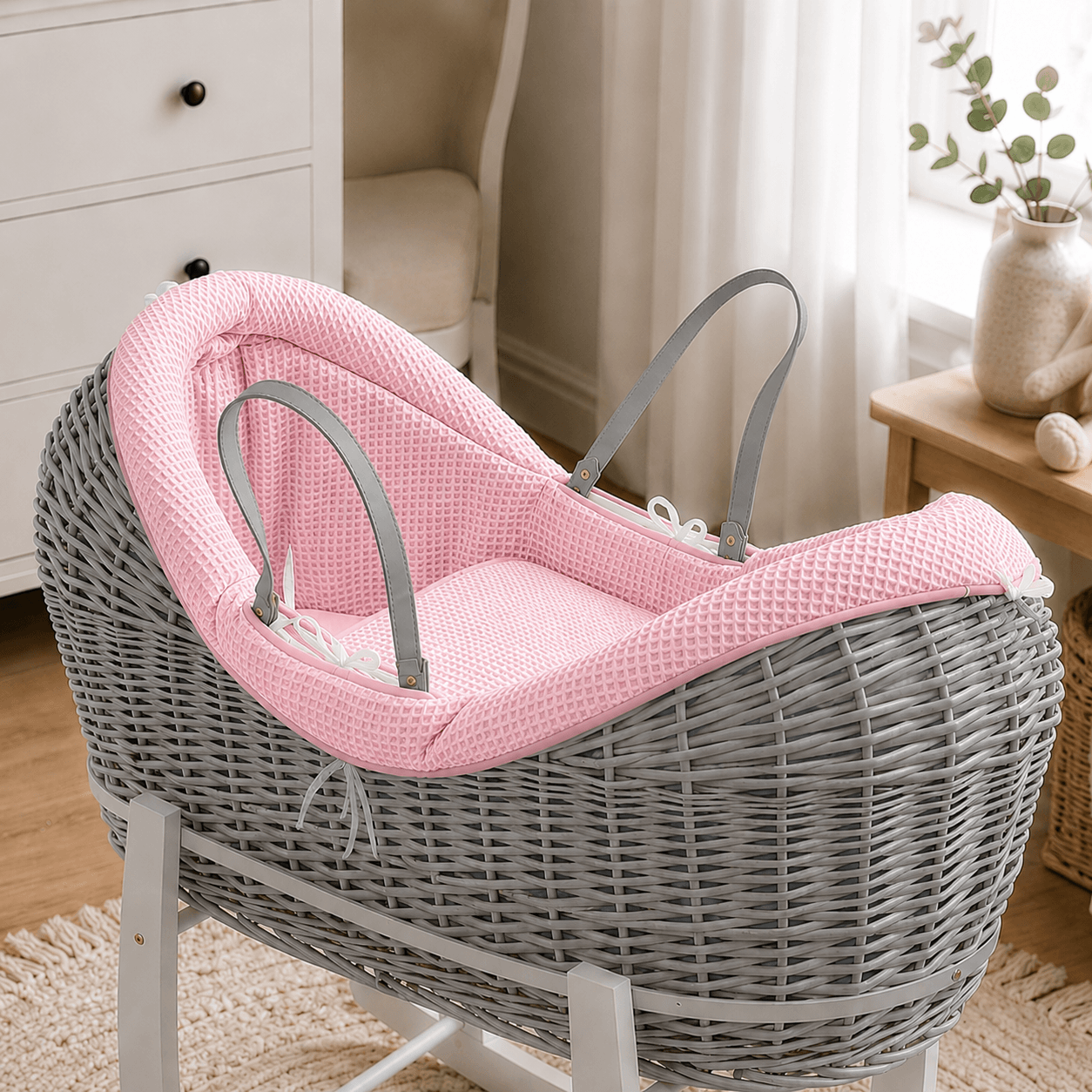 For Your Little One Wicker Deluxe Pod Baby Moses Basket With Stand & Bedding Set