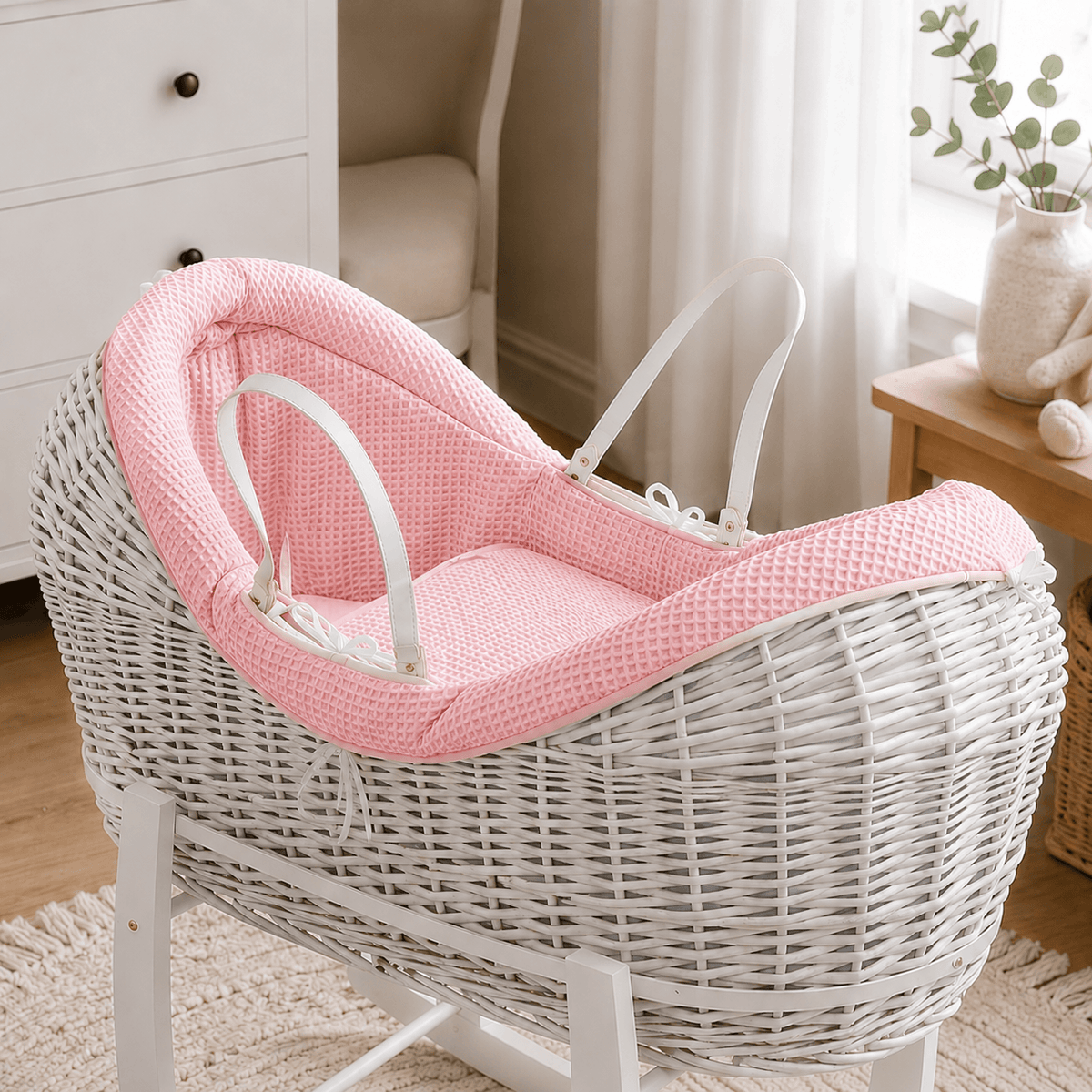 For Your Little One Pod Moses Basket Bedding Set - Pink Waffle (Basket Not Included!)