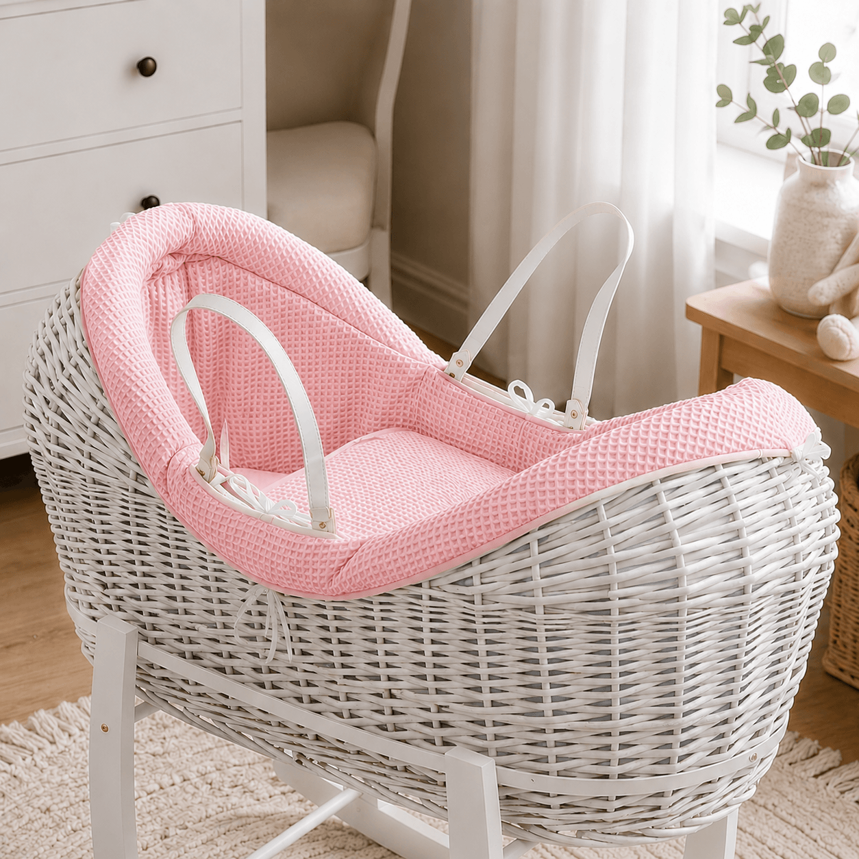 For Your Little One Wicker Deluxe Pod Baby Moses Basket With Stand & Bedding Set