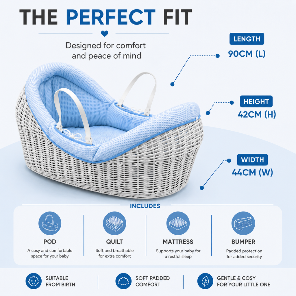 For Your Little One Wicker Deluxe Pod Baby Moses Basket With Stand & Bedding Set