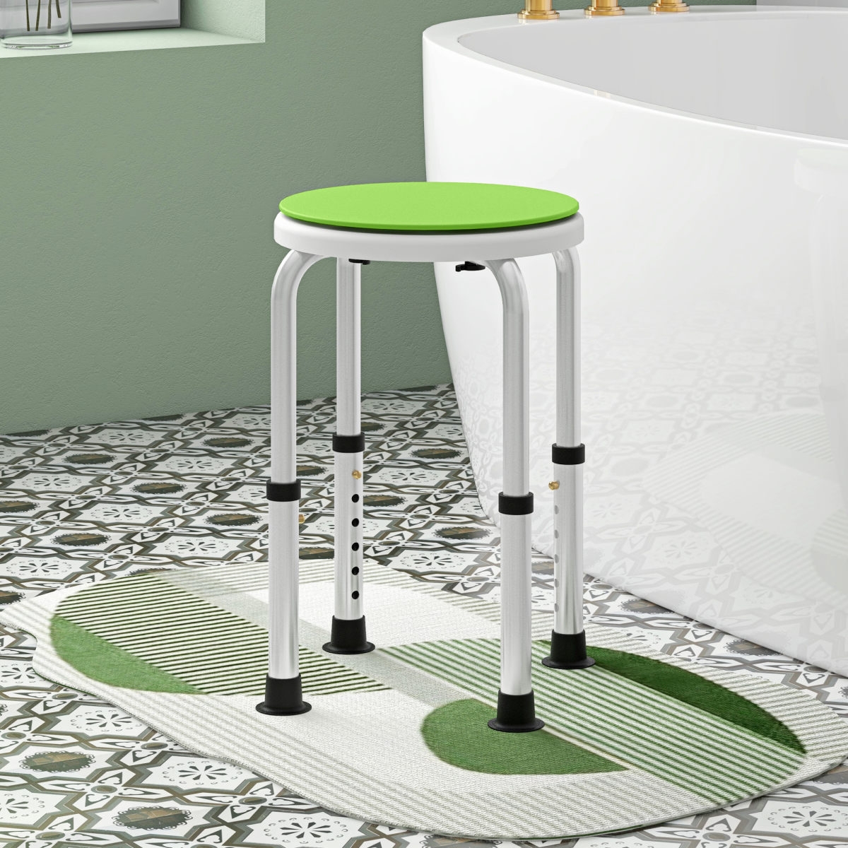 Bath / Shower Stool, Adjustable Height,  360 Degree Swivel - Green - Max 135kg
