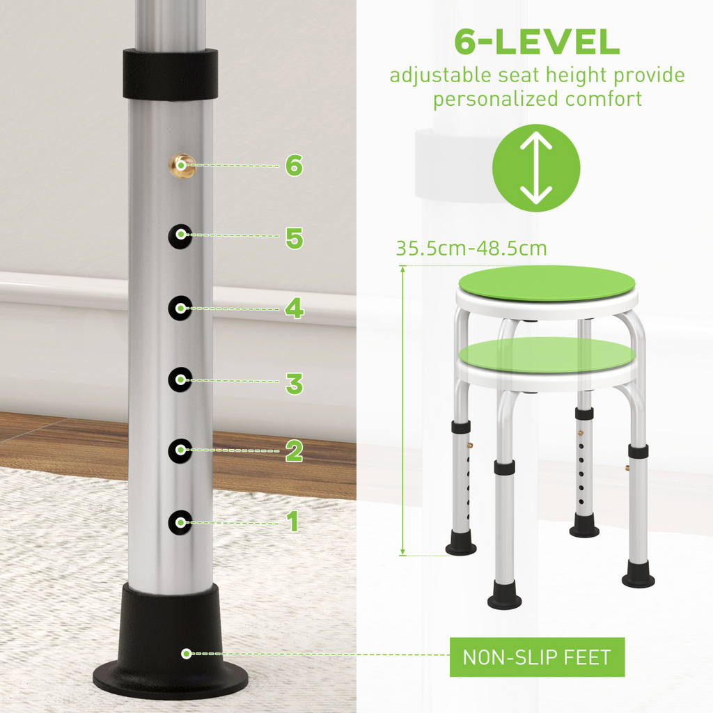 Bath / Shower Stool, Adjustable Height,  360 Degree Swivel - Green - Max 135kg