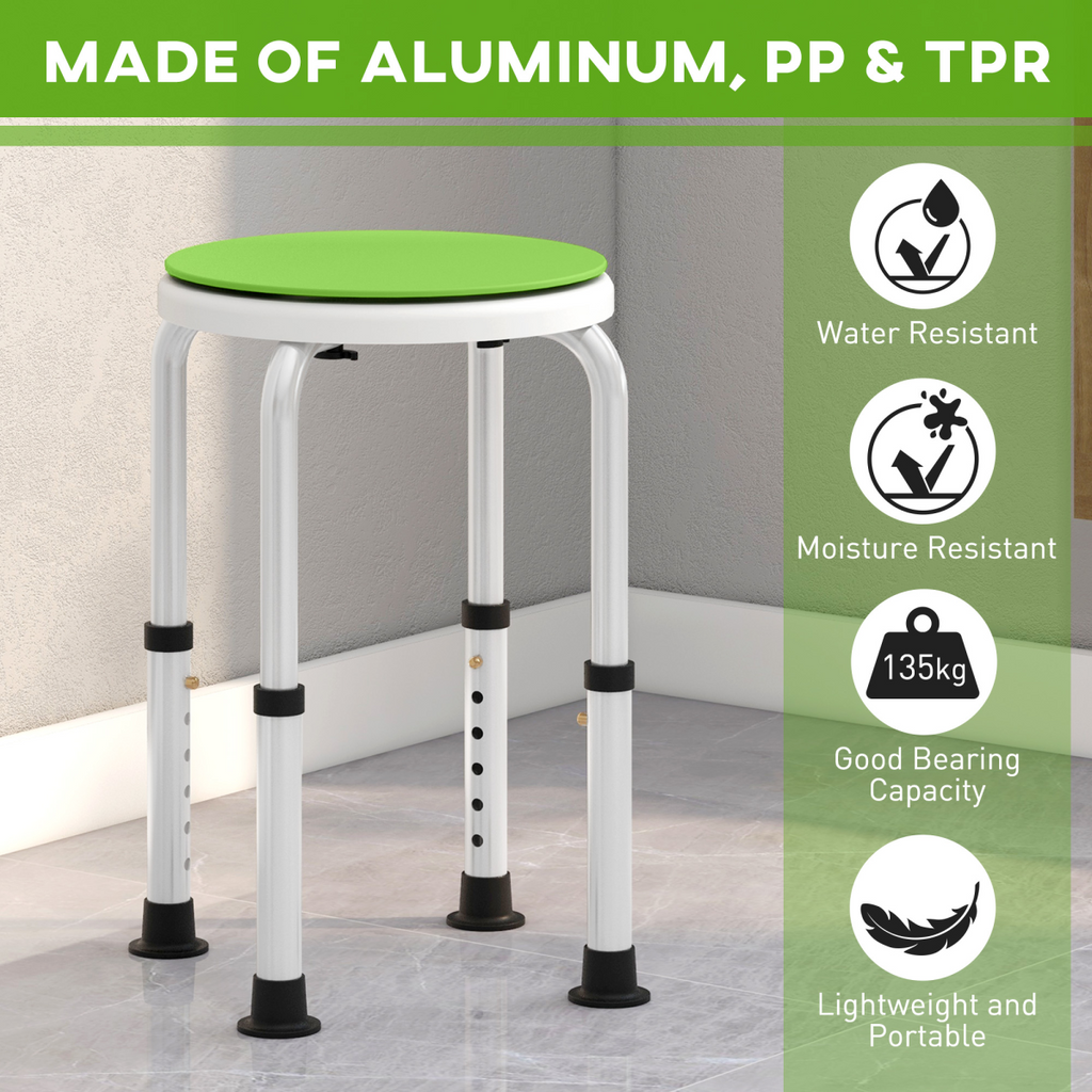 Bath / Shower Stool, Adjustable Height,  360 Degree Swivel - Green - Max 135kg