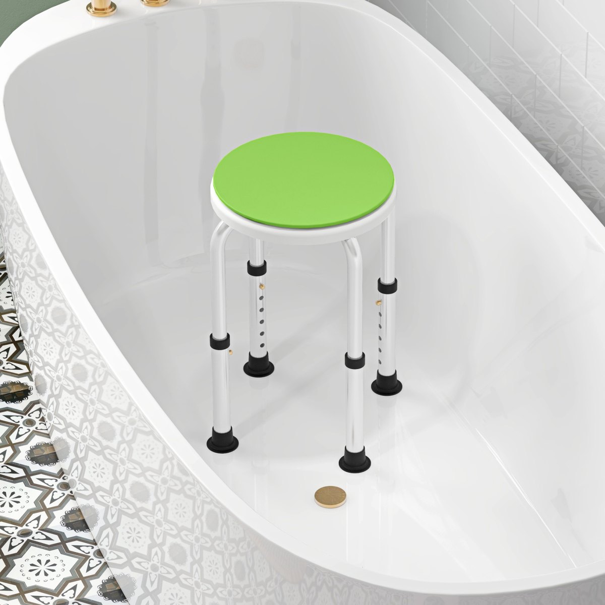 Bath / Shower Stool, Adjustable Height,  360 Degree Swivel - Green - Max 135kg