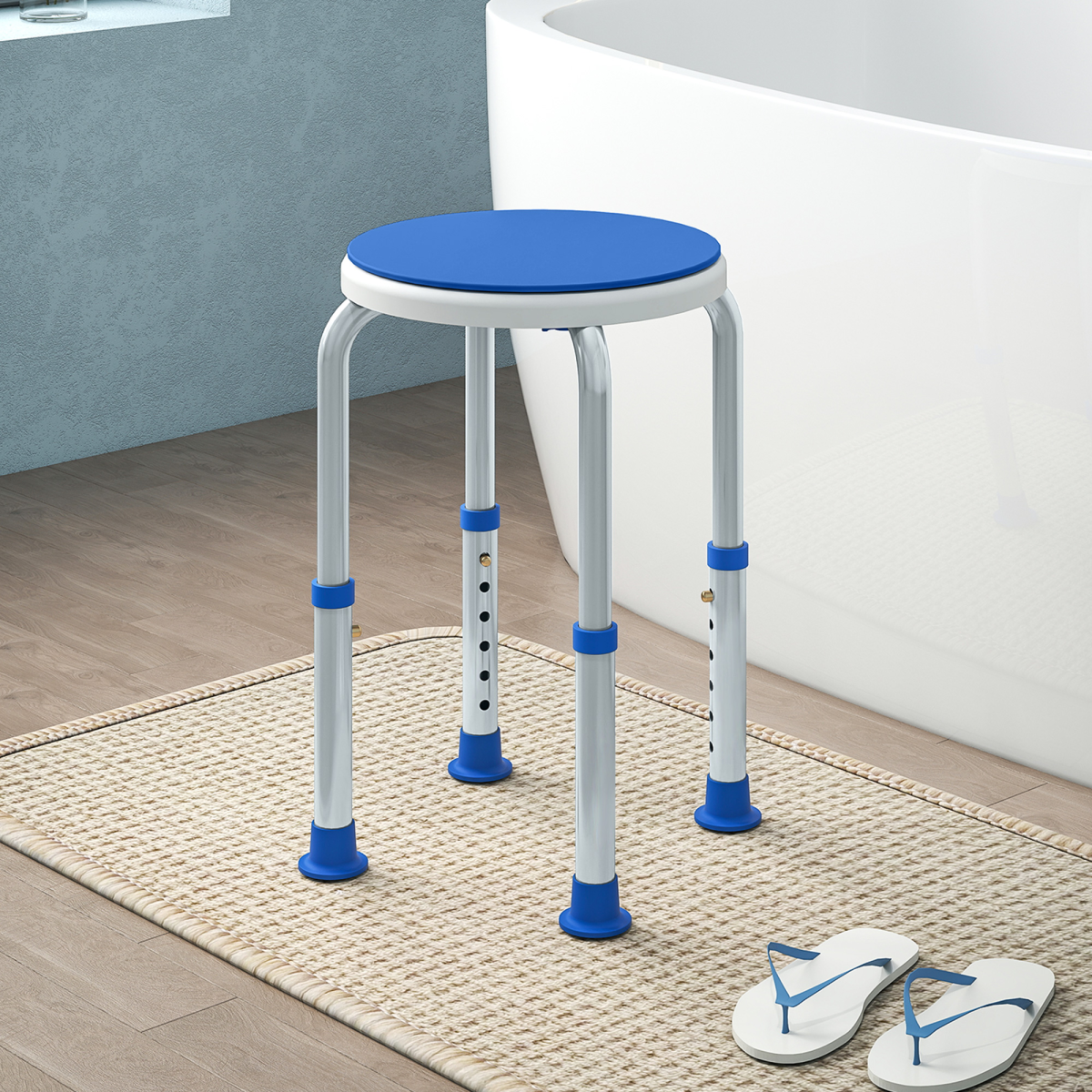 Bath / Shower Stool, Adjustable Height, 360 Degree Swivel - Grey / Blue - Max 135kg