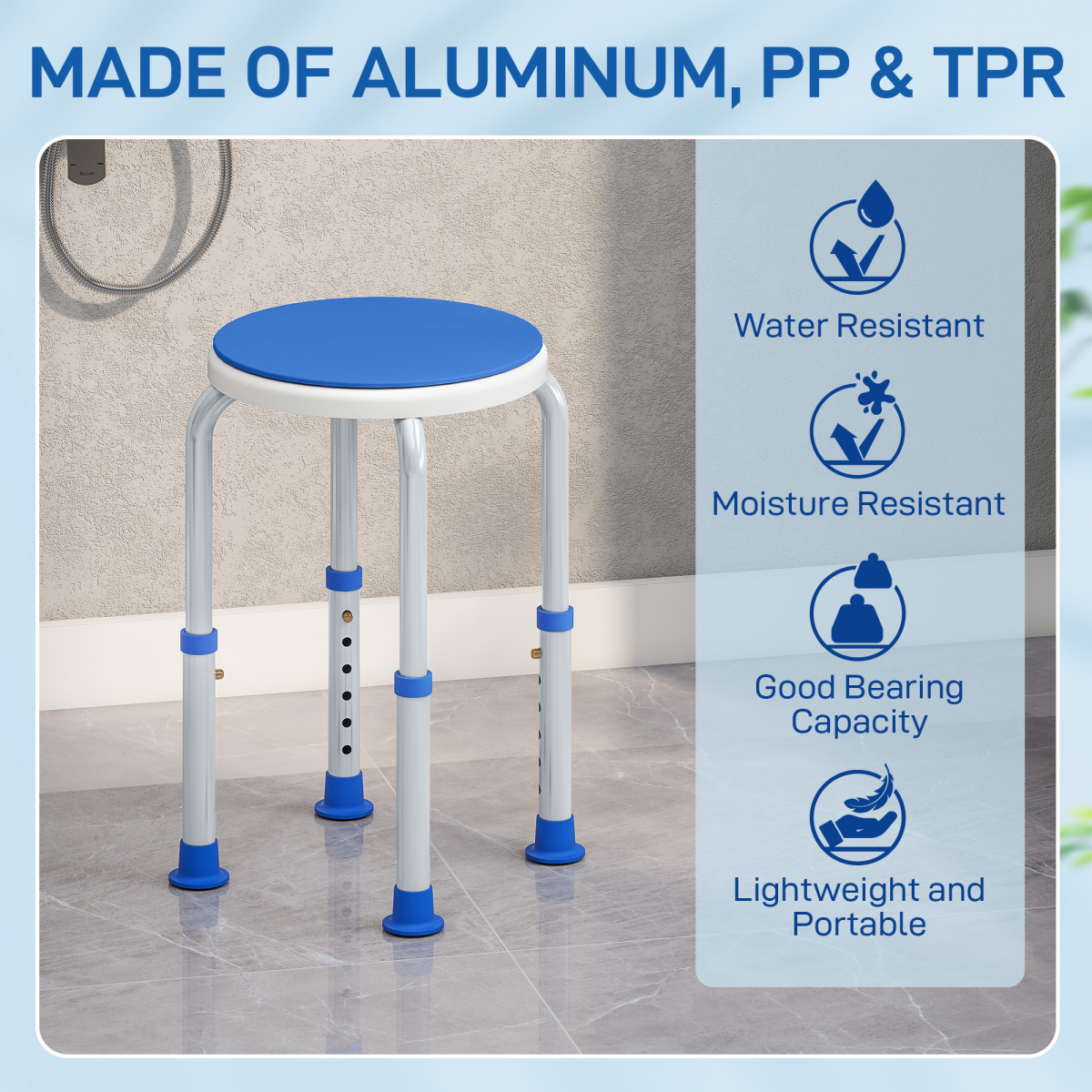 Bath / Shower Stool, Adjustable Height, 360 Degree Swivel - Grey / Blue - Max 135kg