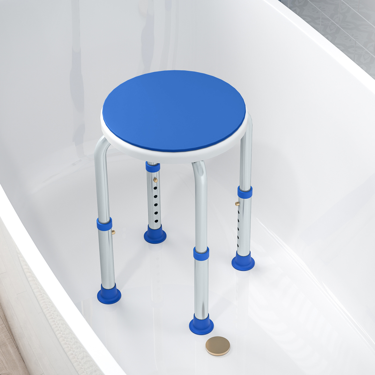 Bath / Shower Stool, Adjustable Height, 360 Degree Swivel - Grey / Blue - Max 135kg