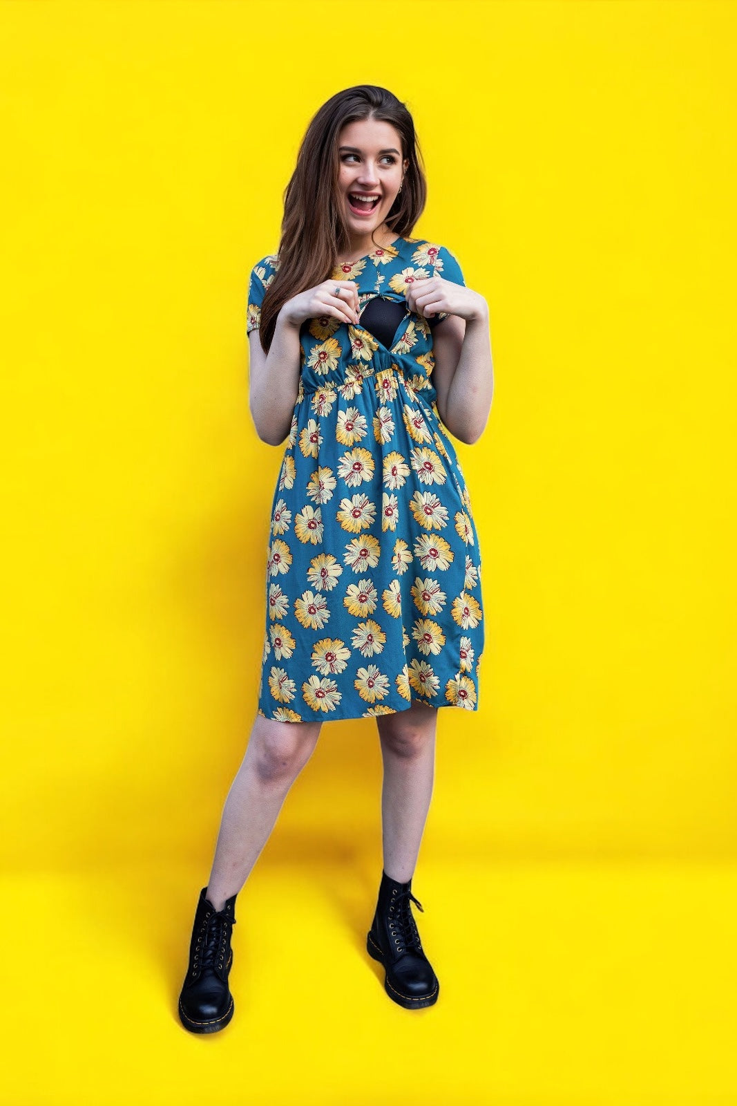 The Knee Length Breastfeeding Dress - Blue Sunflower