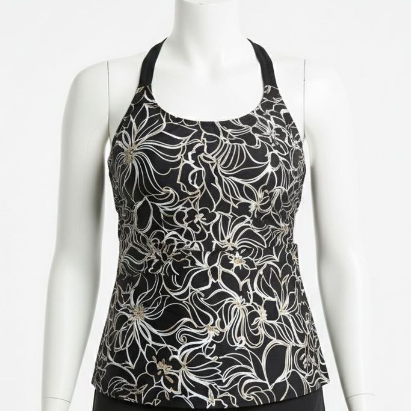 Kes-Vir Ladies Swim Top Black Floral