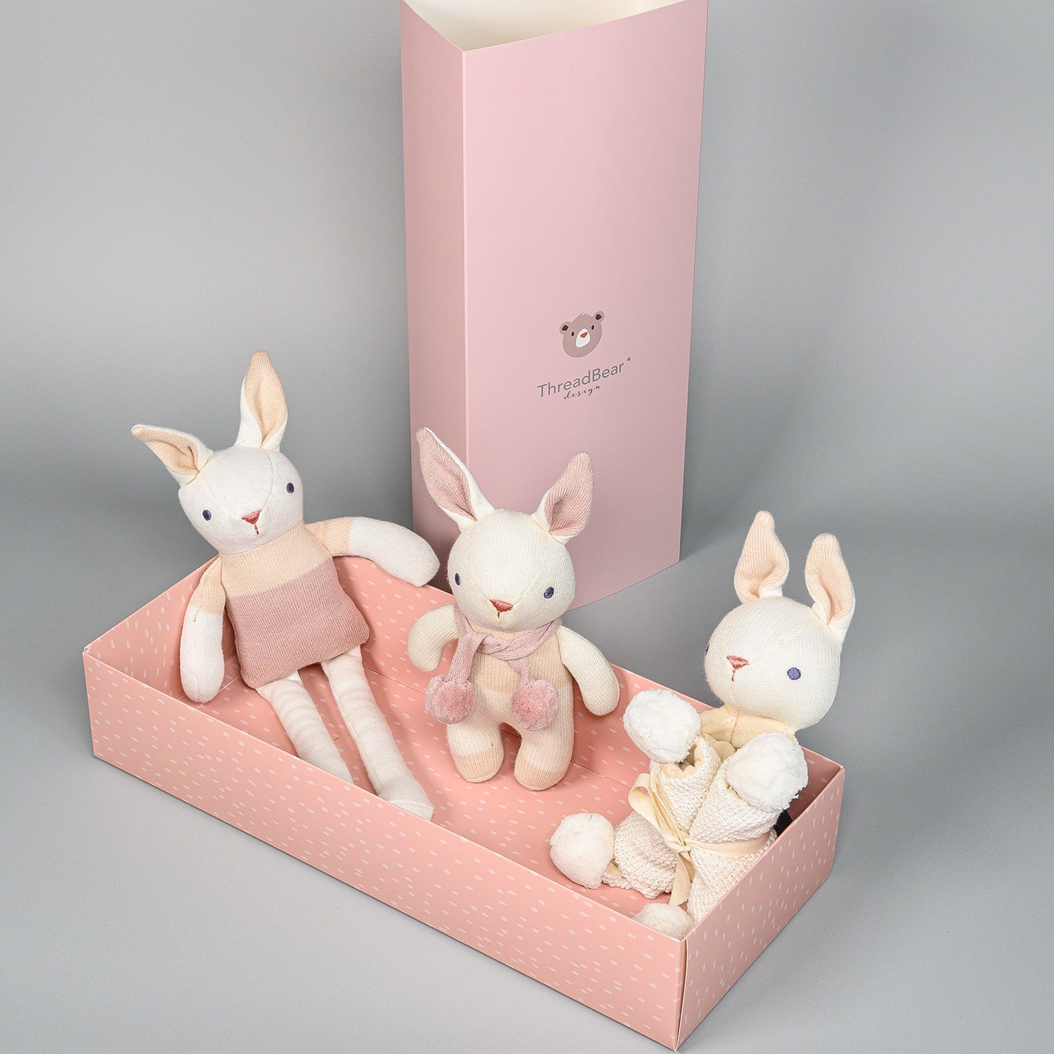 ThreadBear Design Organic Baby Comforter, Rattle & Doll Gift Set in Cream + Gift Box