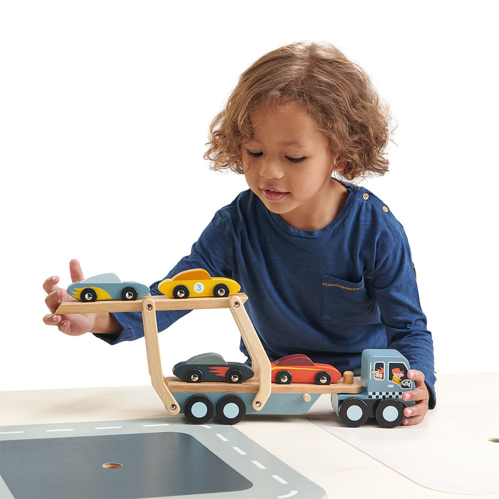 Tender Leaf Toys Wooden Car Transporter with 4 Cars