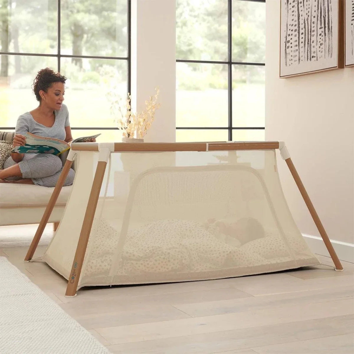 Tutti Bambini CoZee Go Day & Night Playpen - Scandinavian Walnut/Ecru