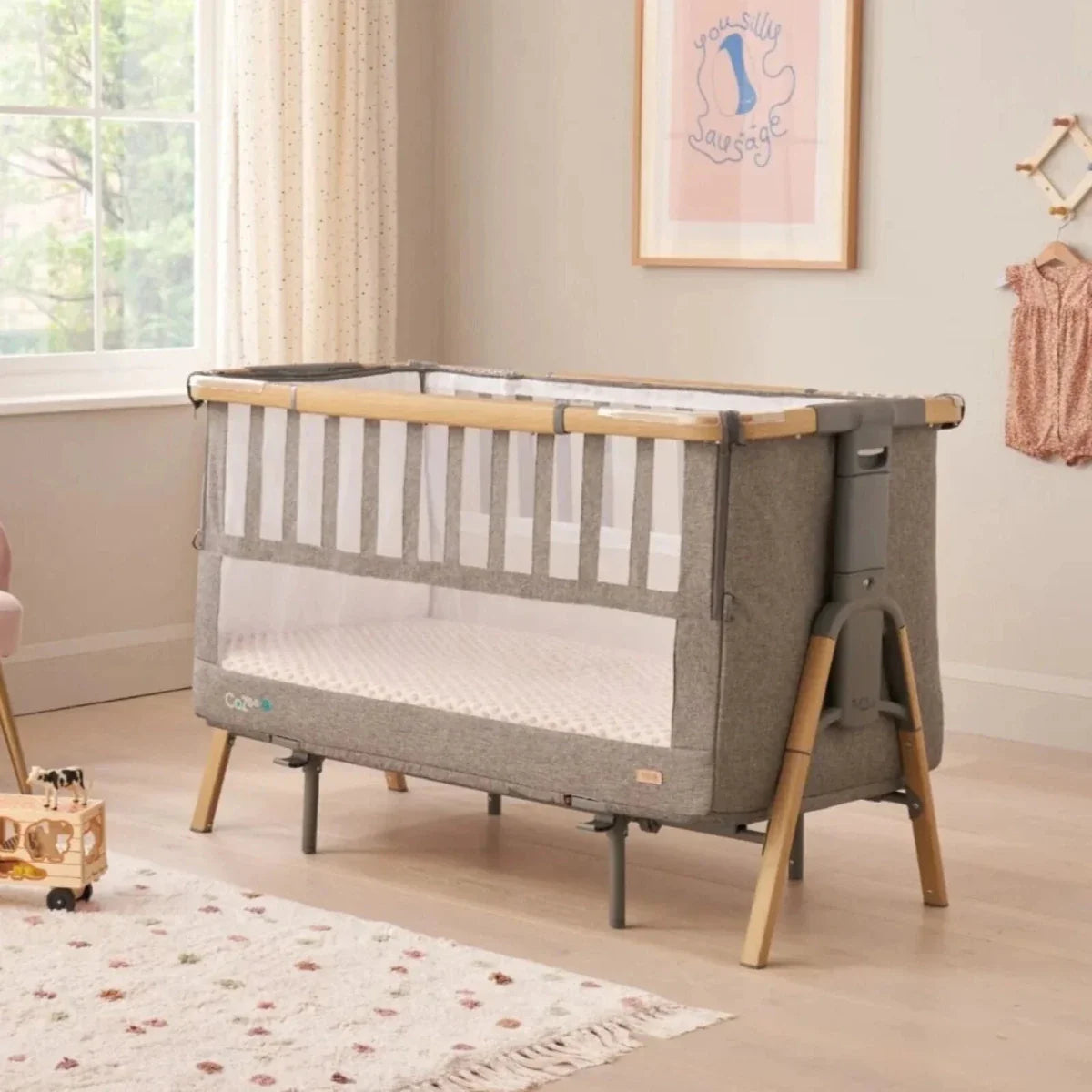 Tutti Bambini Cozee XL Bedside Crib & Cot - Oak/Charcoal