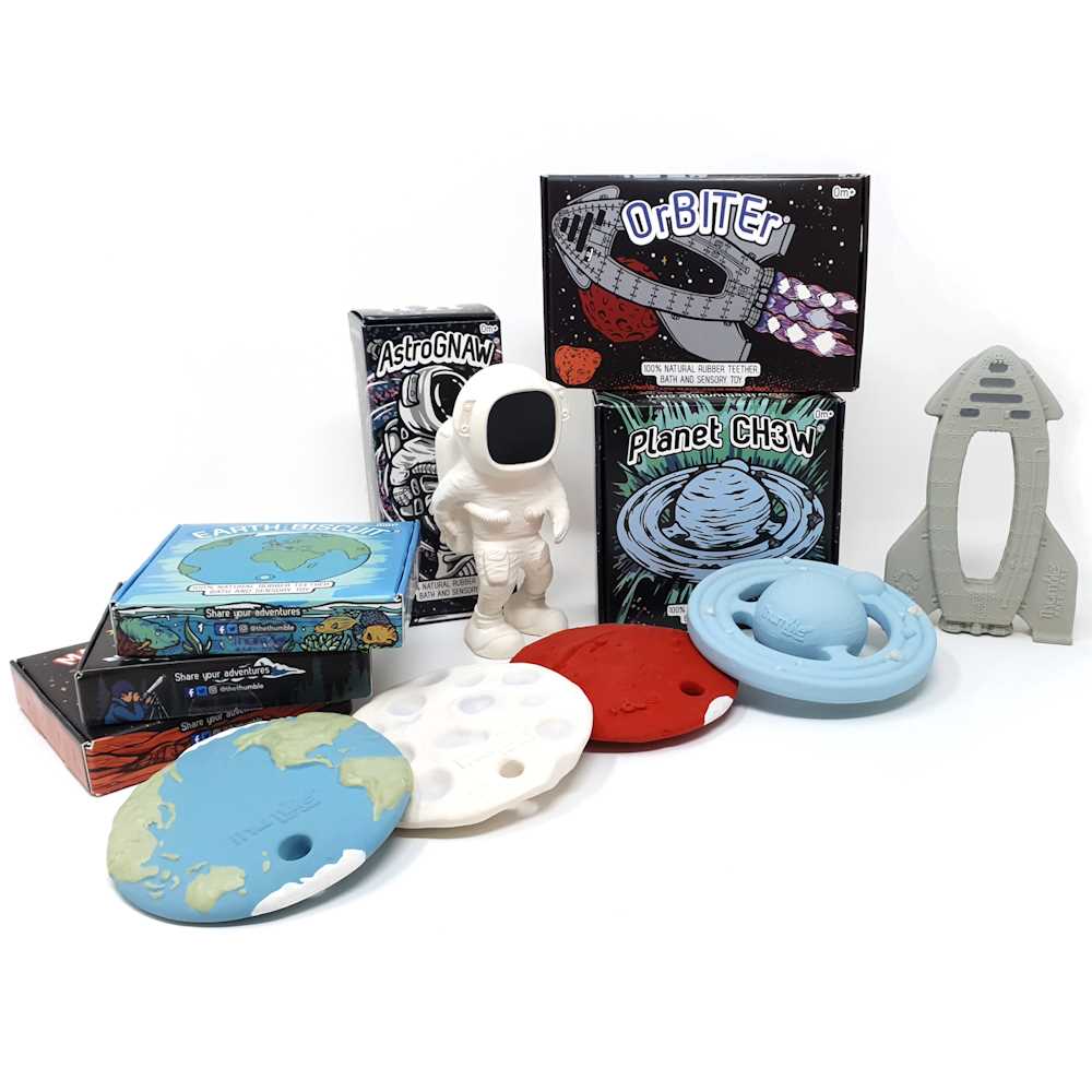 Collection of space-themed toys and educational items on a white background