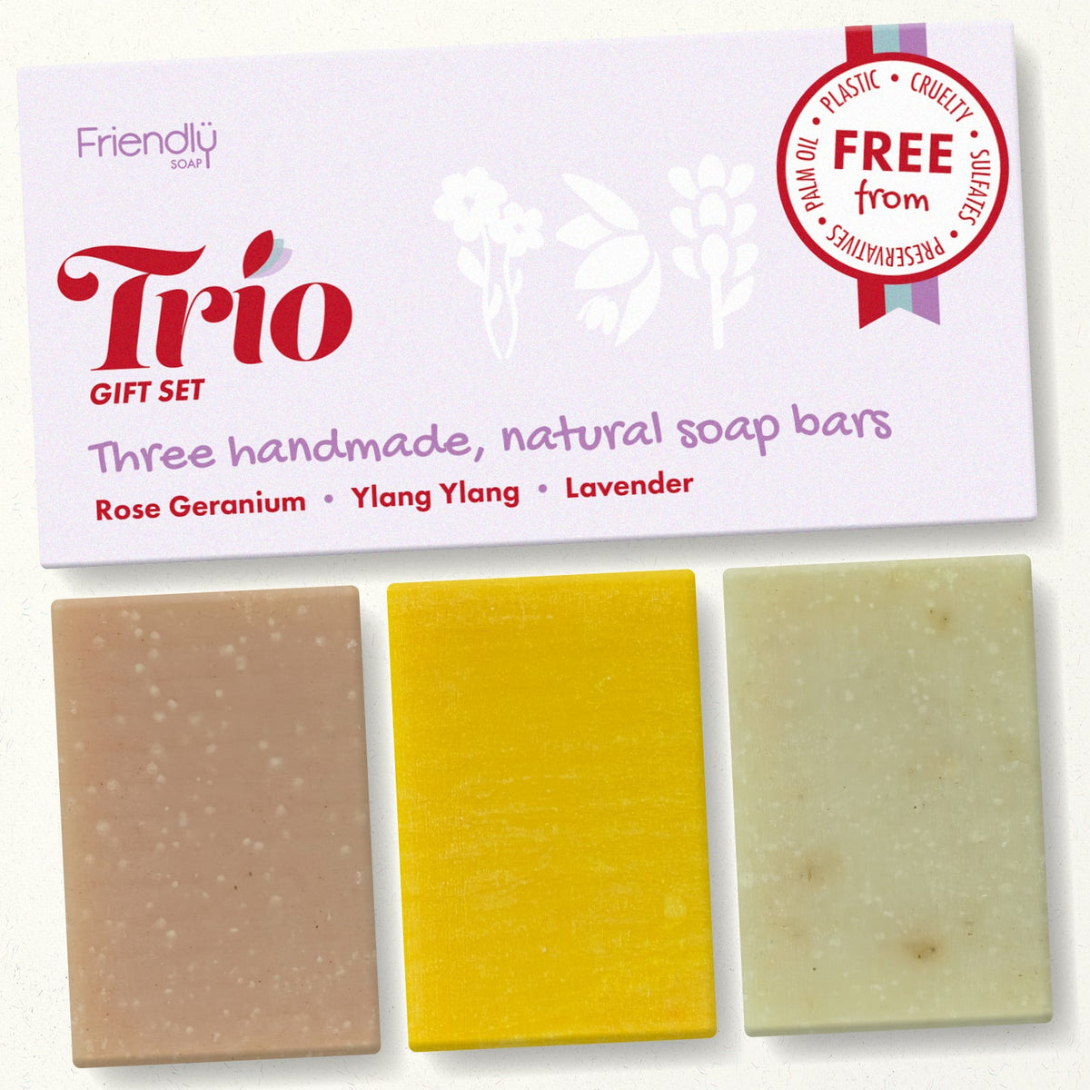 Friendly Soap - Soap Trio Gift Set - Rose Geranium, Ylang Ylang, Lavender