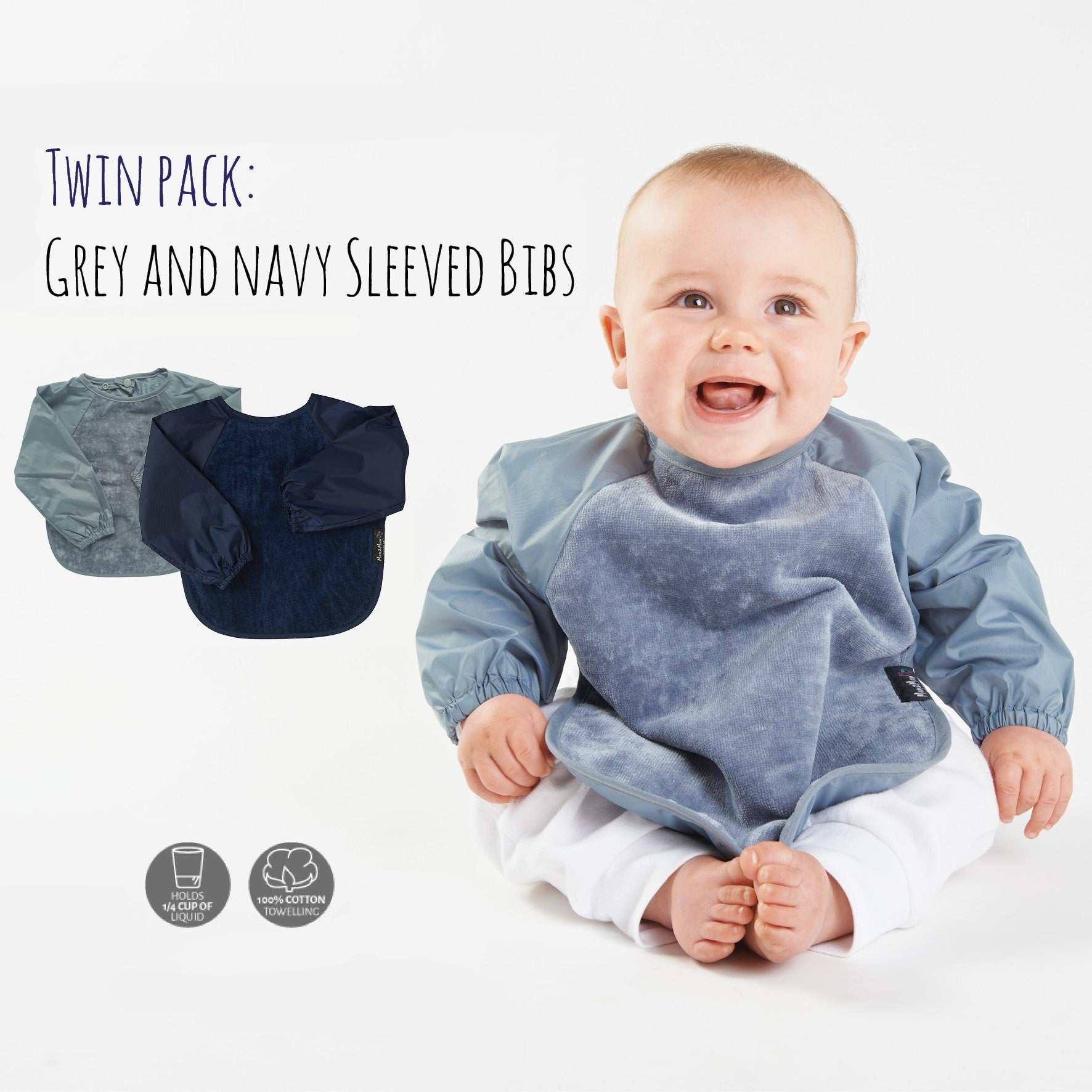 2 PACK - Mum 2 Mum Long Sleeved Wonder Bibs LARGE 18m - 3 years - Grey & Navy