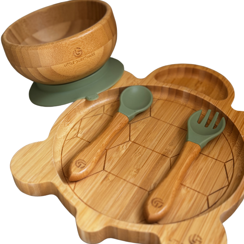 Bamboo Feeding Set - Turtle - Plate, Bowl, Spoon & Fork