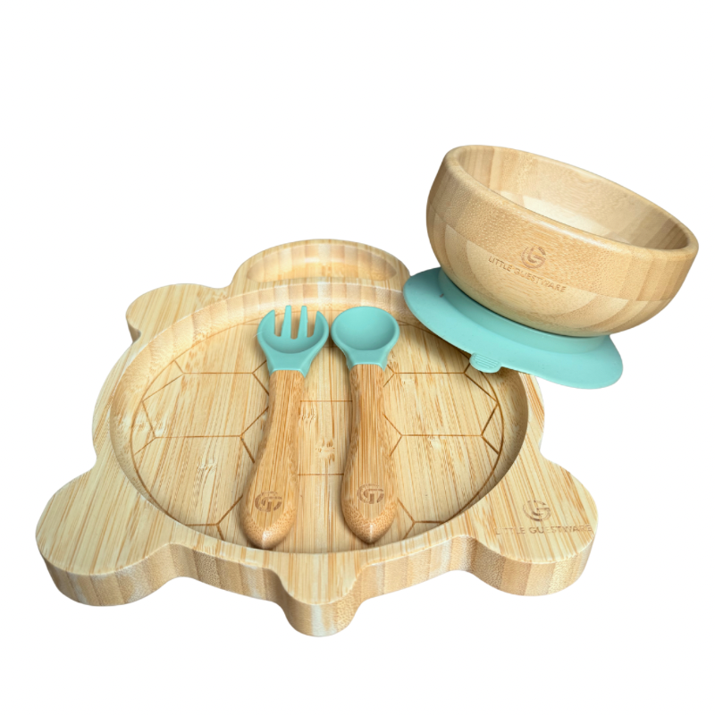 Bamboo Feeding Set - Turtle - Plate, Bowl, Spoon & Fork