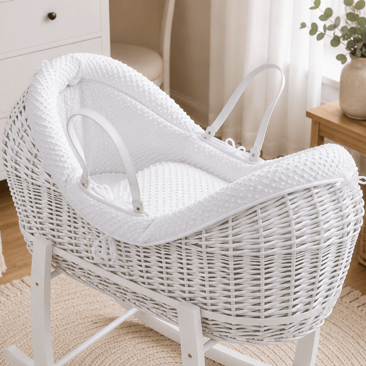 For Your Little One Wicker Deluxe Pod Baby Moses Basket With Stand & Bedding Set