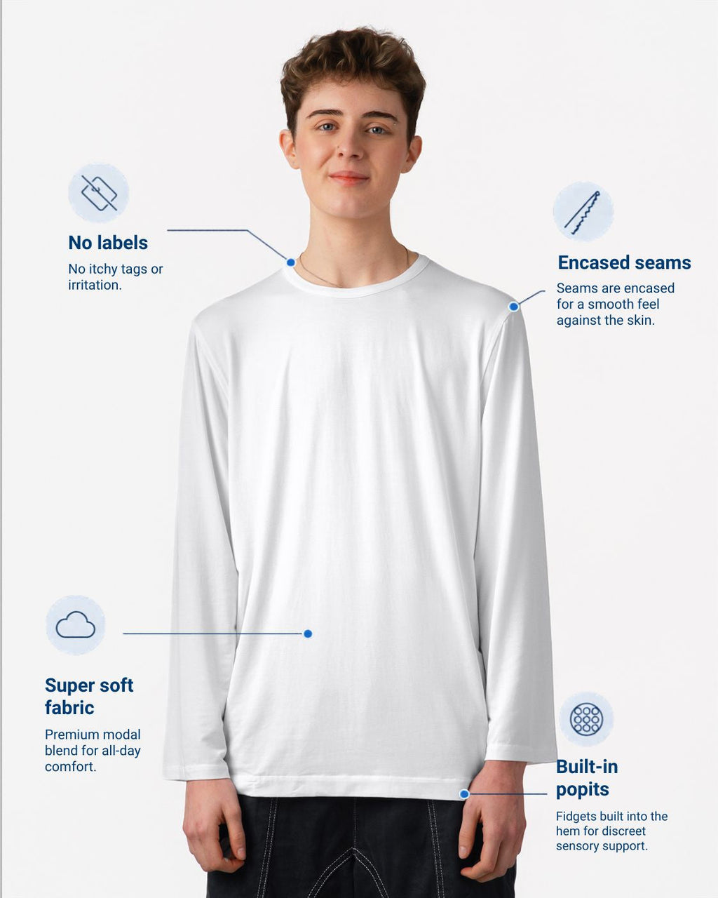 Comfa Adult Fidget-T Long-Sleeved - Sensory Clothing with built-in pop fidgets