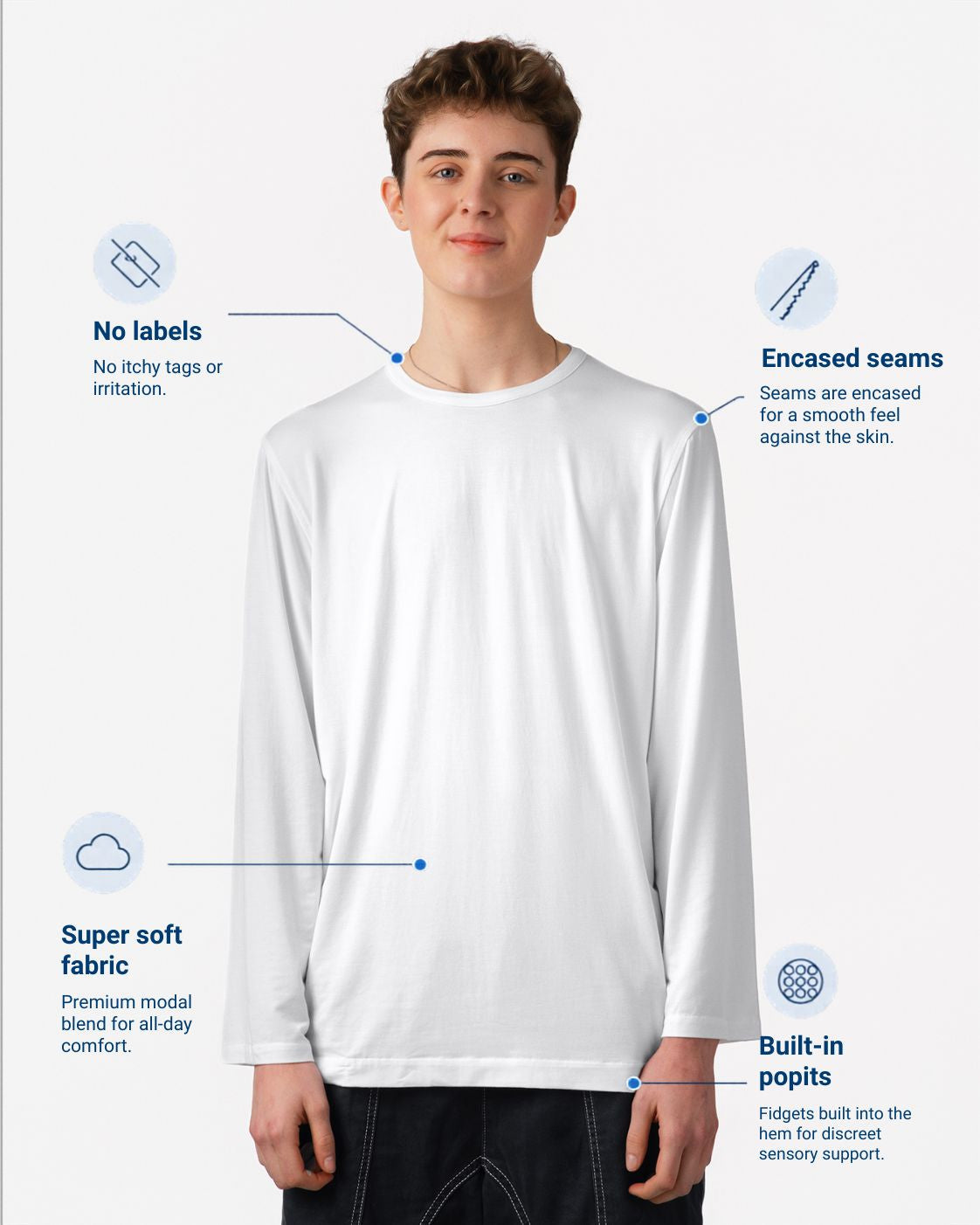 Comfa Adult Fidget-T Long-Sleeved - Sensory Clothing with built-in pop fidgets