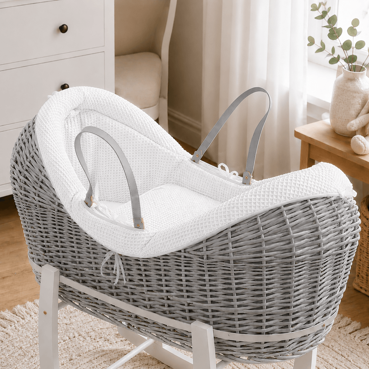For Your Little One Wicker Deluxe Pod Baby Moses Basket With Stand & Bedding Set