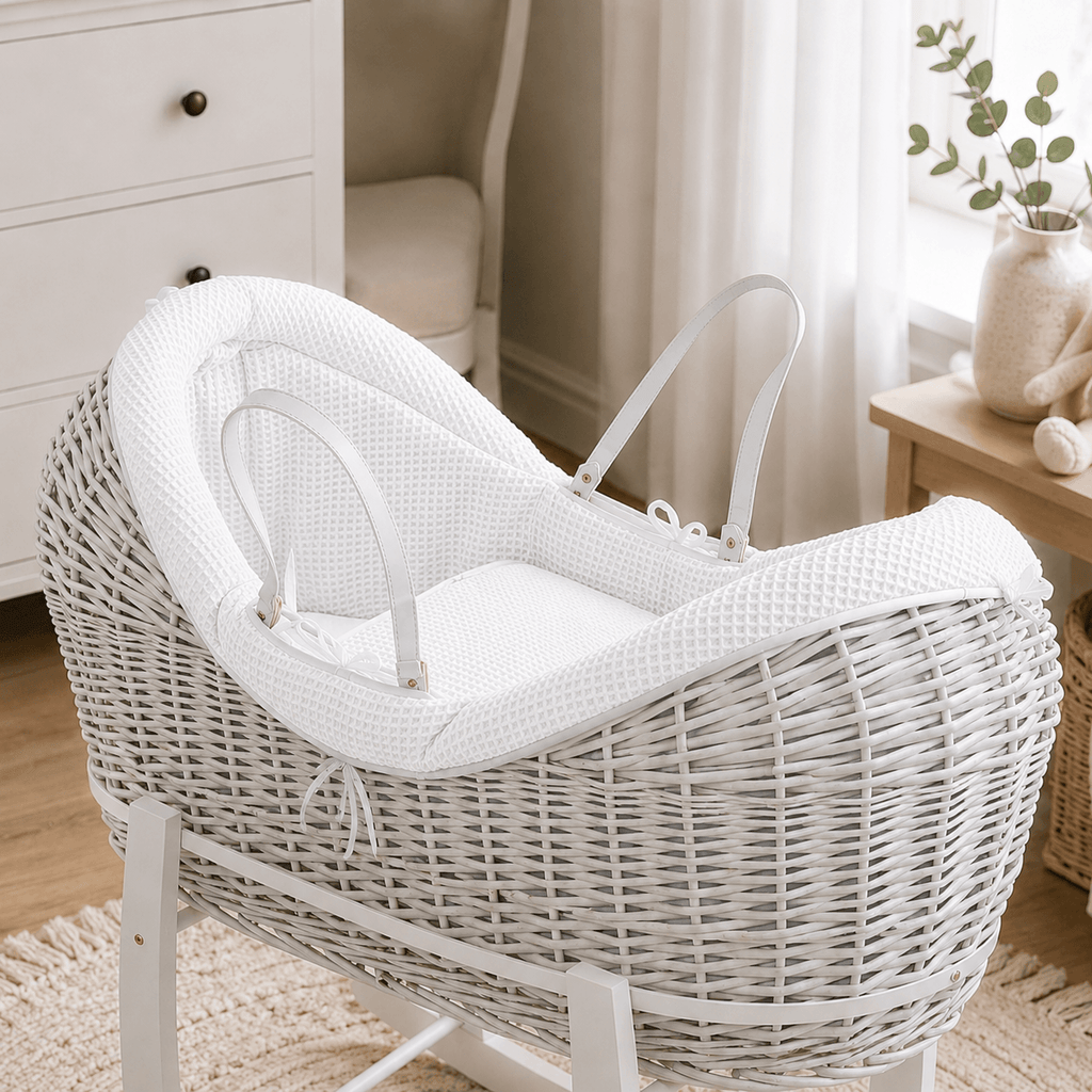 For Your Little One Wicker Deluxe Pod Baby Moses Basket With Stand & Bedding Set