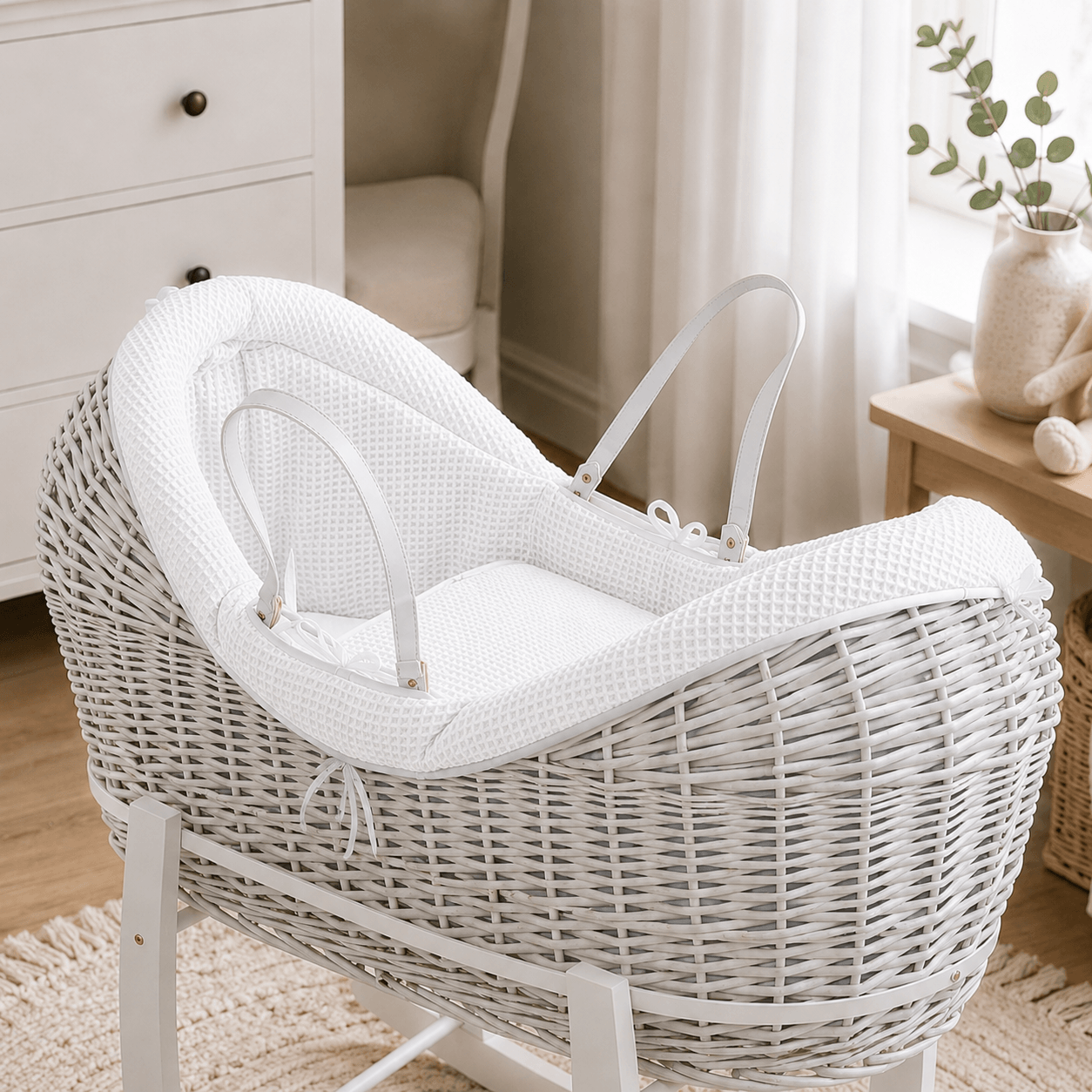 For Your Little One Wicker Deluxe Pod Baby Moses Basket With Stand & Bedding Set